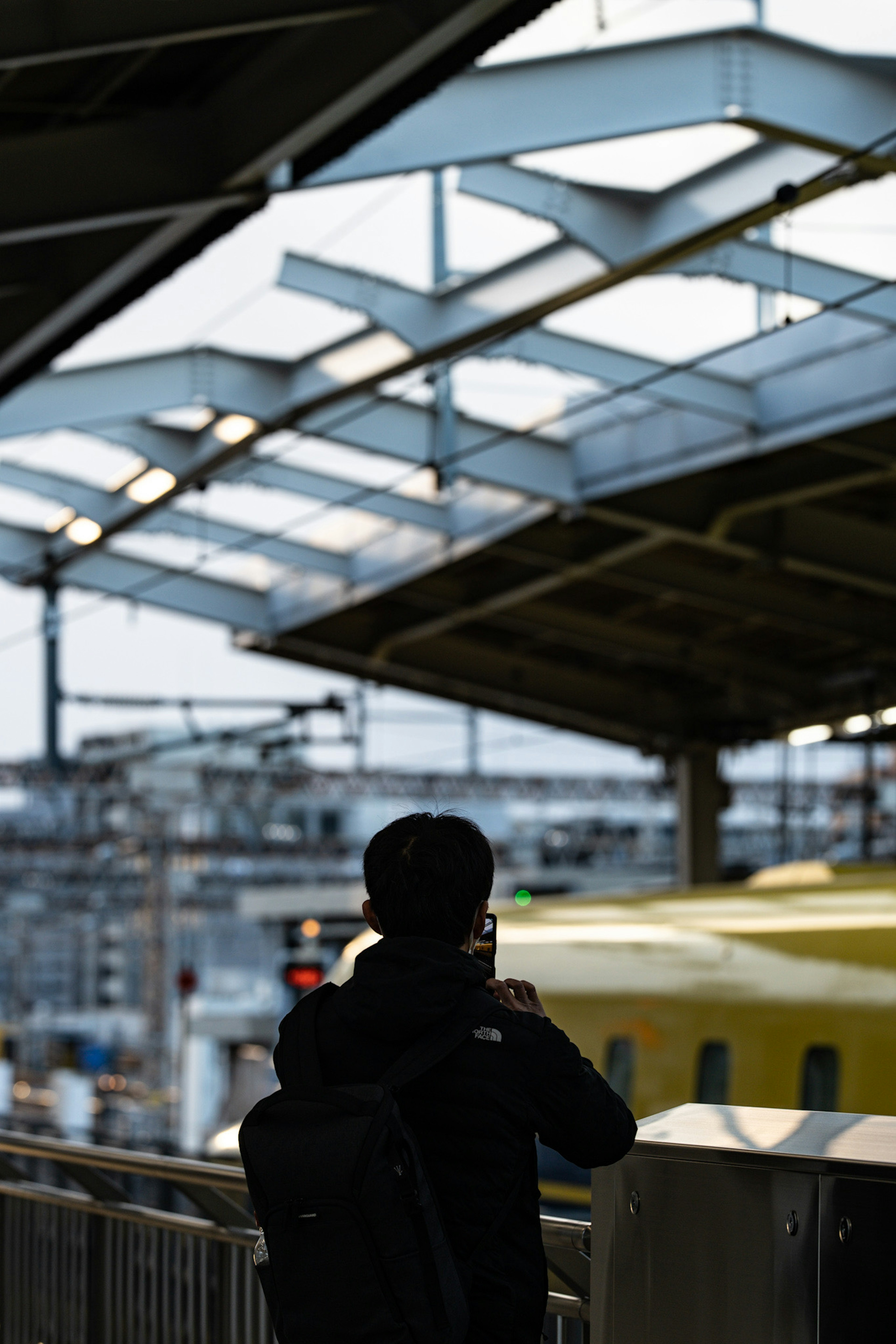 คนถ่ายภาพที่สถานี การออกแบบหลังคาที่ซับซ้อน รถไฟสีเหลือง