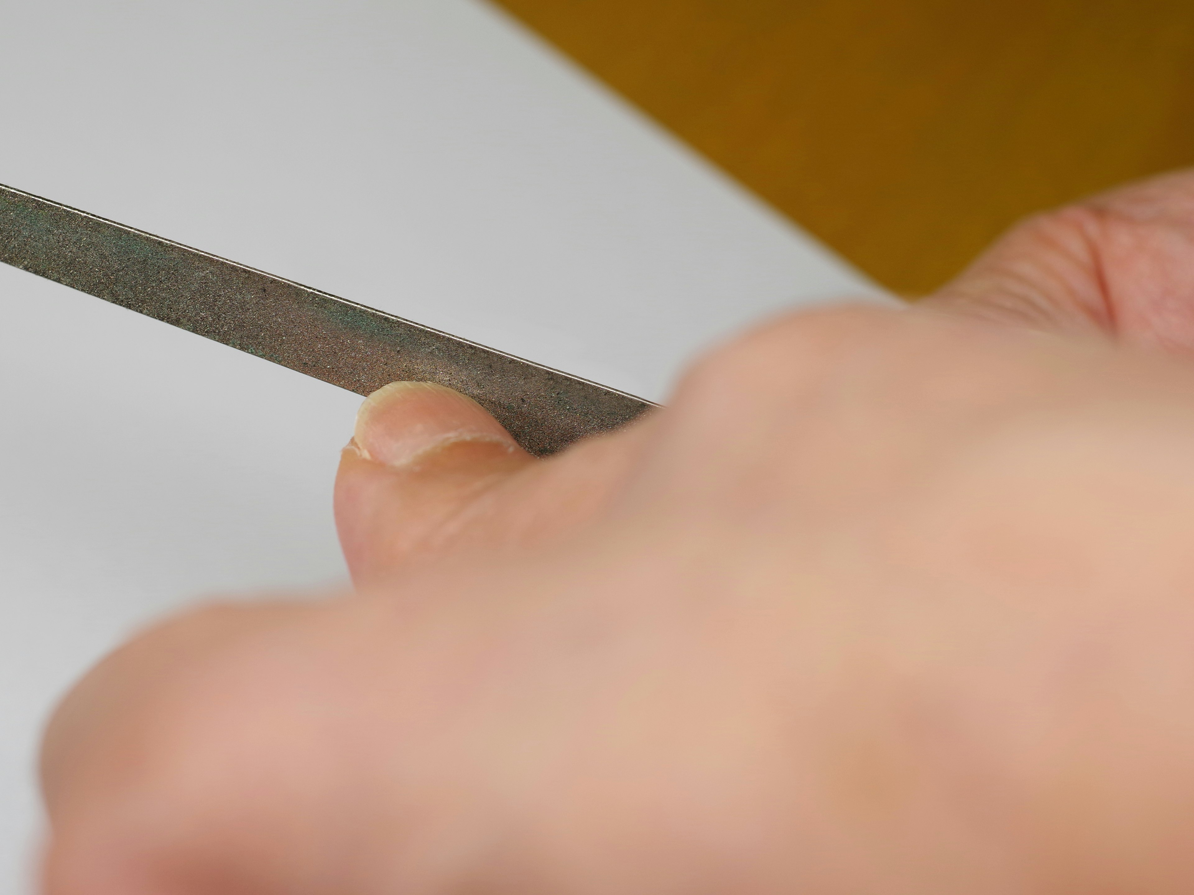 Close-up of a hand holding a file against a white surface