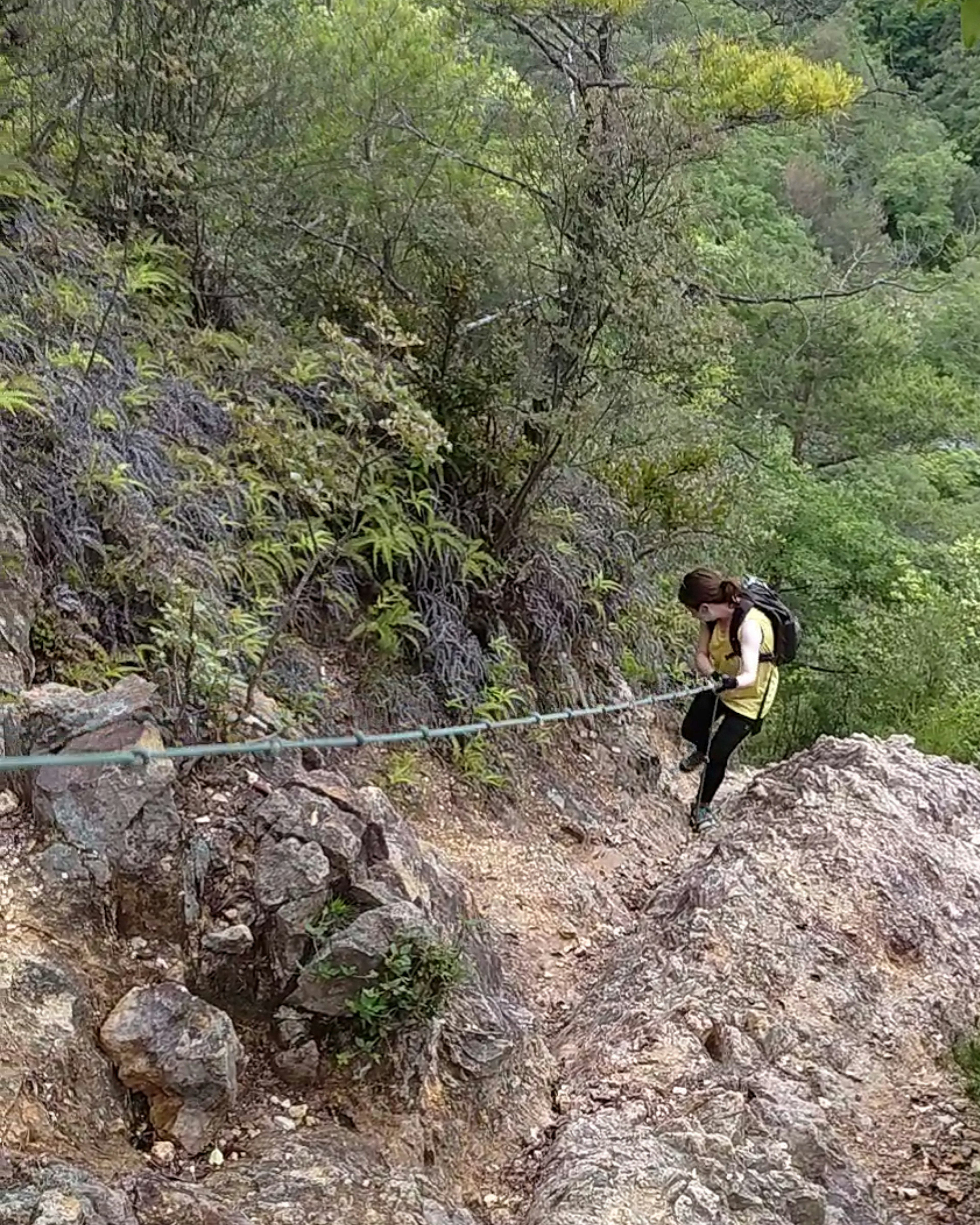 Hiker climbing a rocky trail using a rope