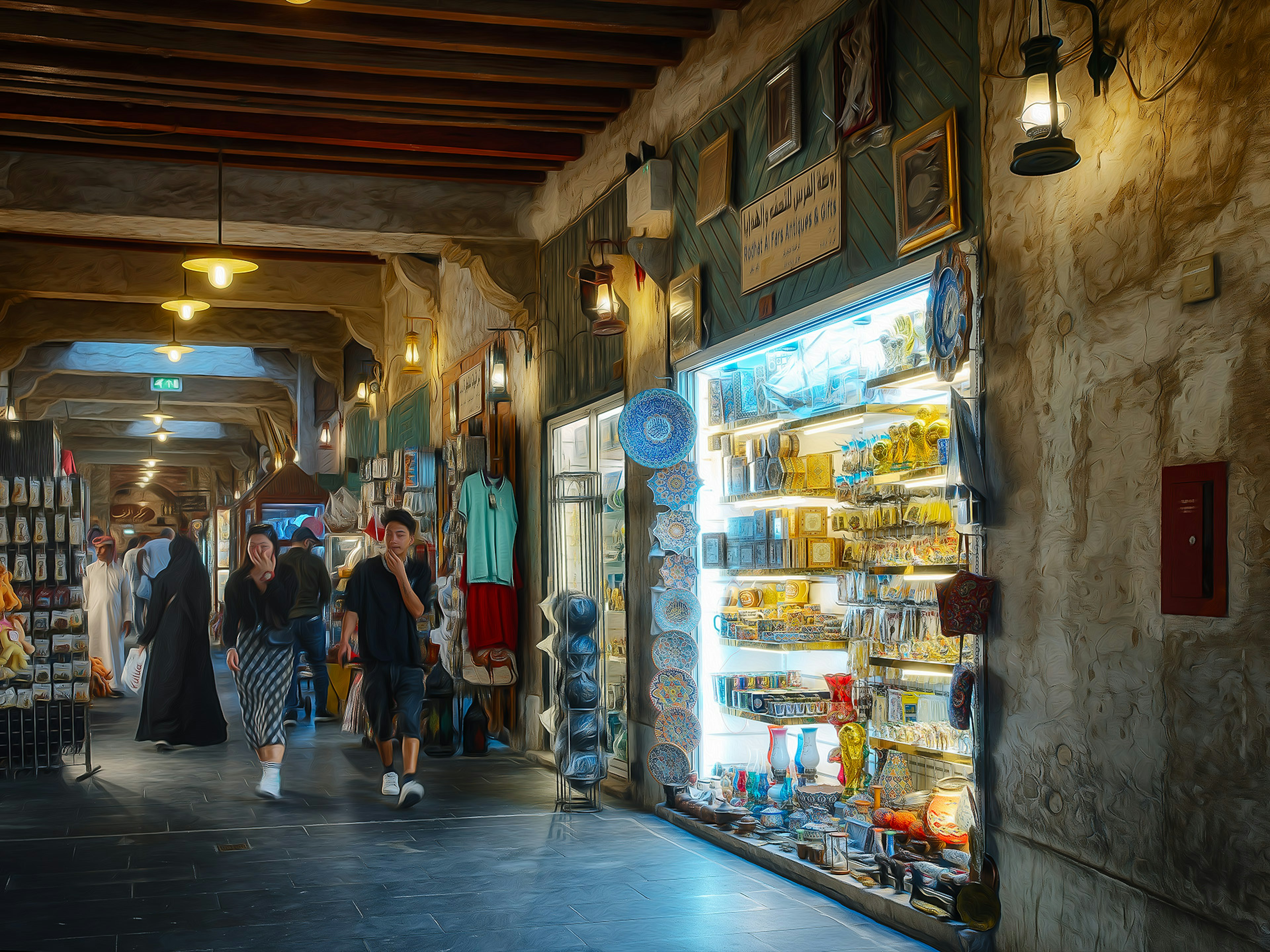 Couloir de marché animé avec une vitrine de magasin et des piétons