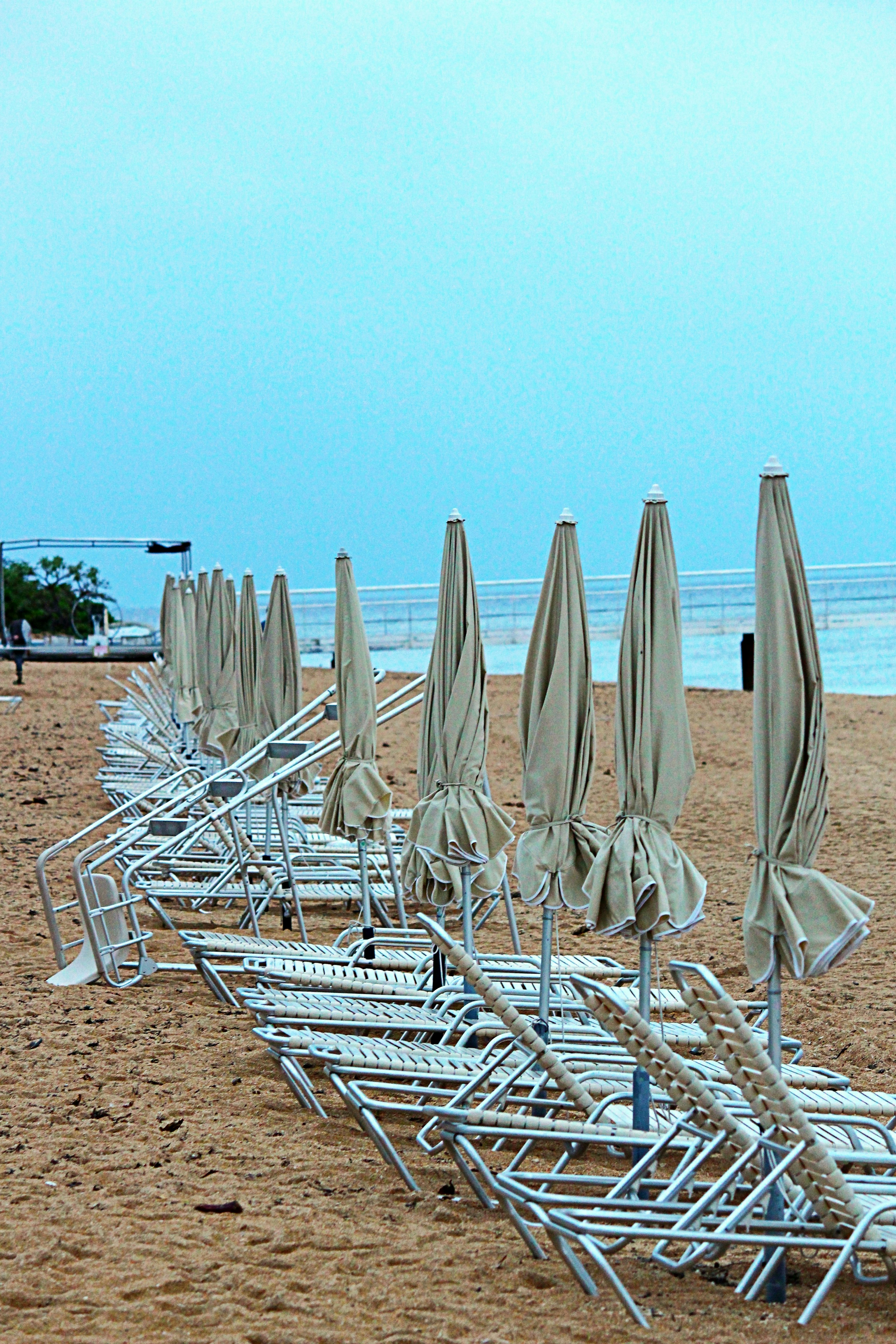 Strandszene mit weißen Sonnenschirmen und Liegen in Reihe