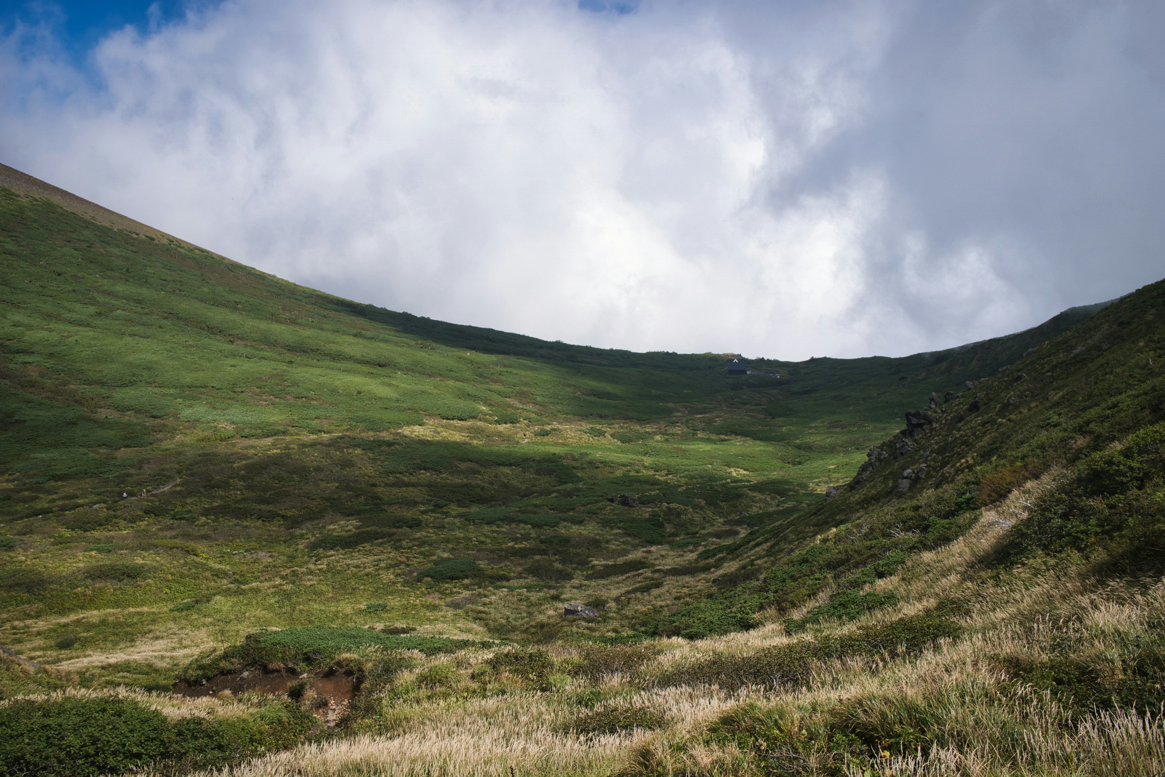 Valle verde con colinas onduladas y cielo nublado