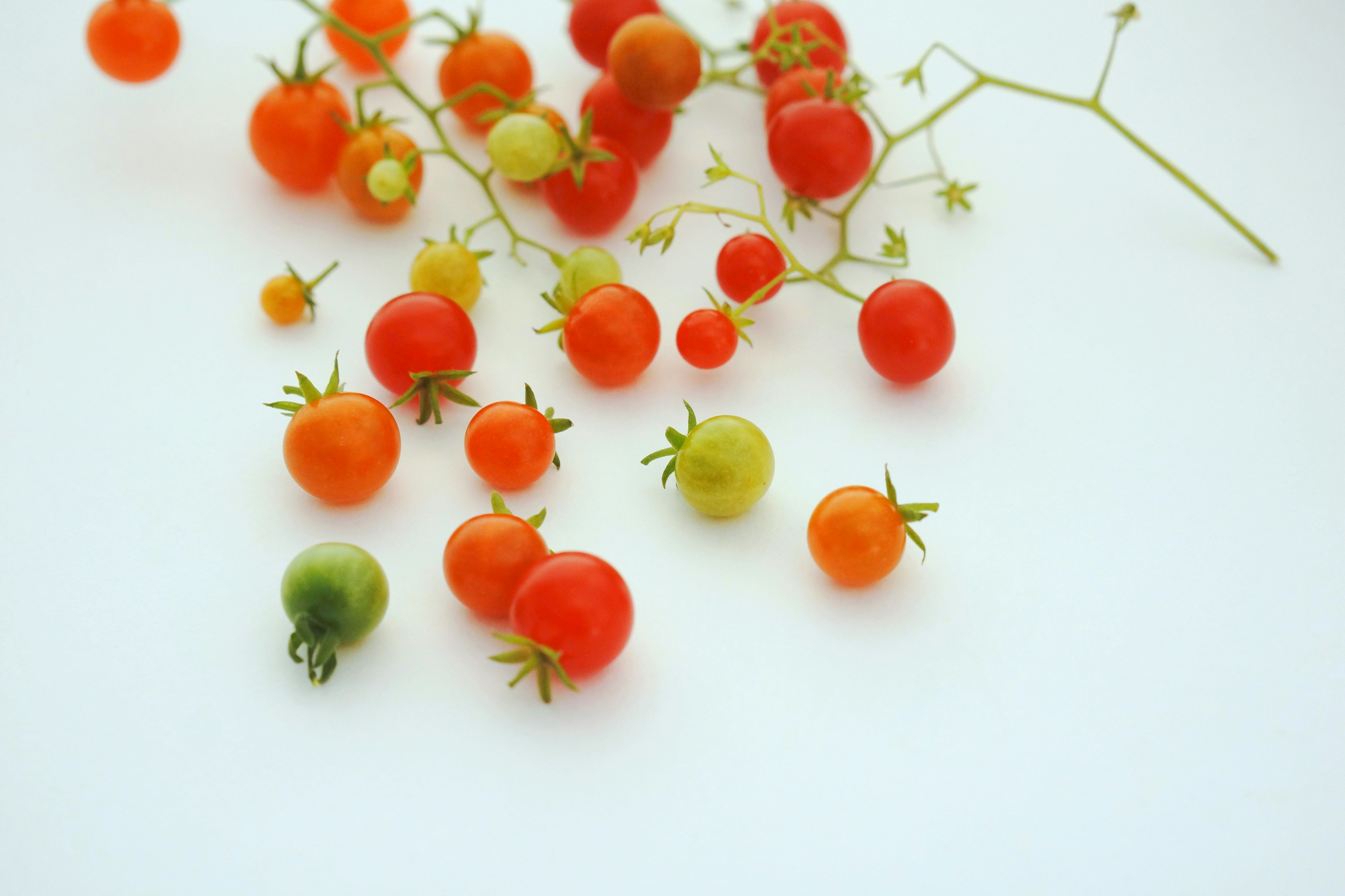 Una variedad de tomates cherry rojos y verdes esparcidos sobre un fondo blanco