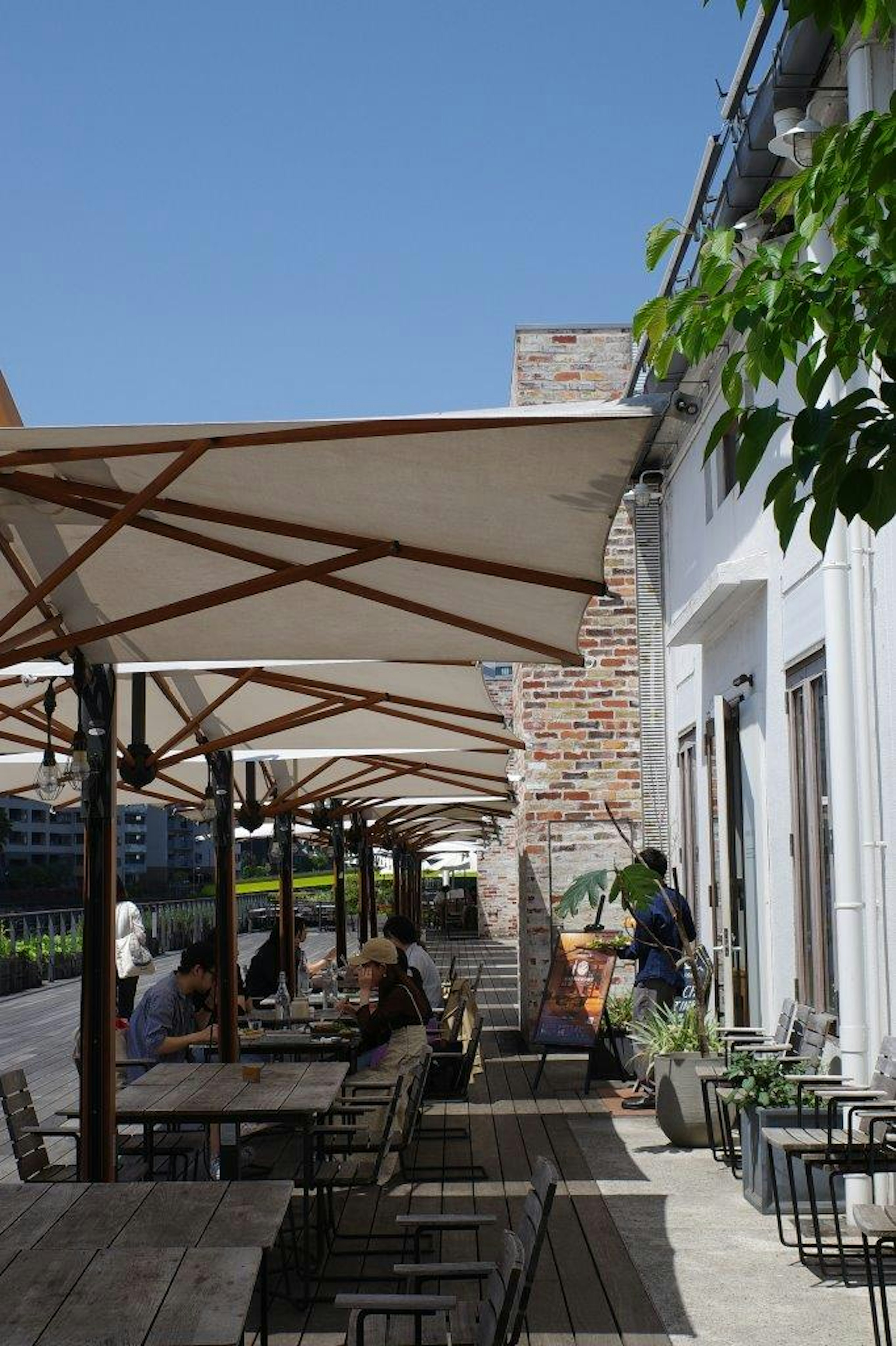 Terrasse de café en plein air avec des tables et des parasols Ciel bleu et lumière du soleil créent une atmosphère agréable