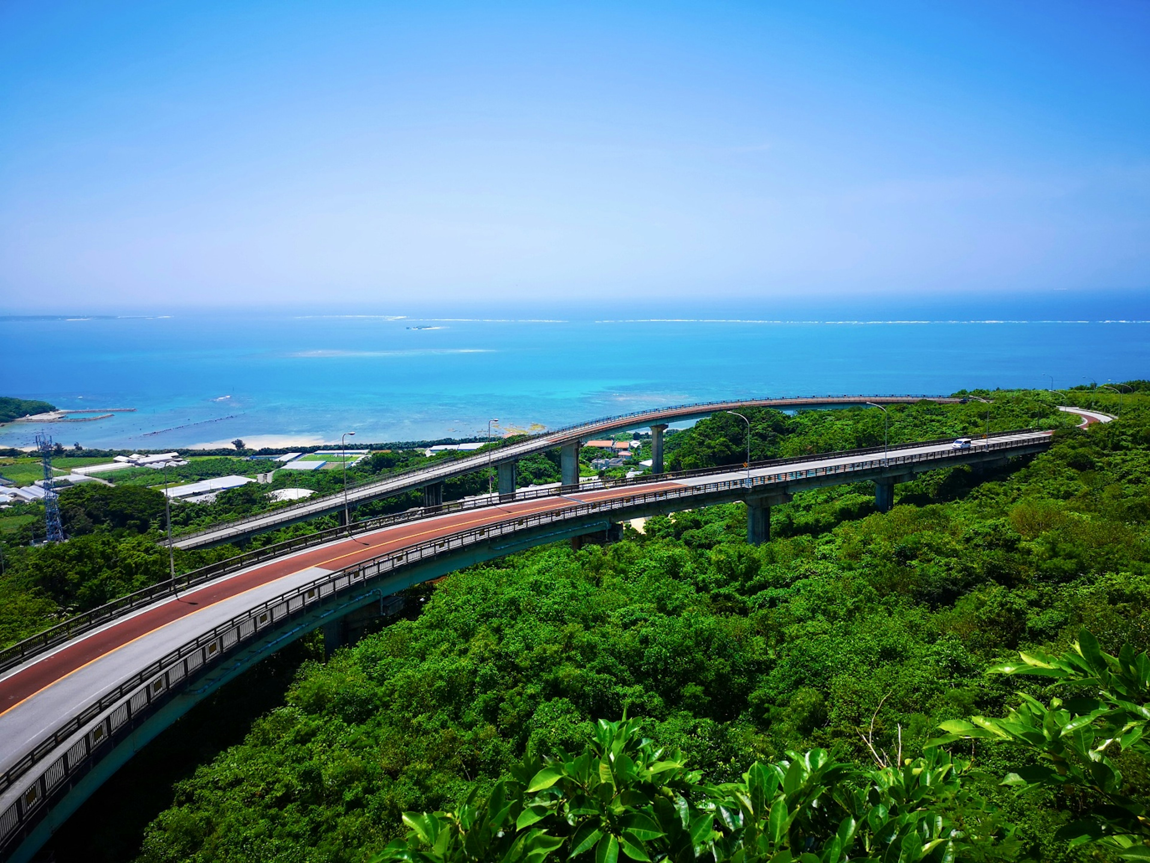 彎曲的道路俯瞰海洋和郁郁葱葱的綠地