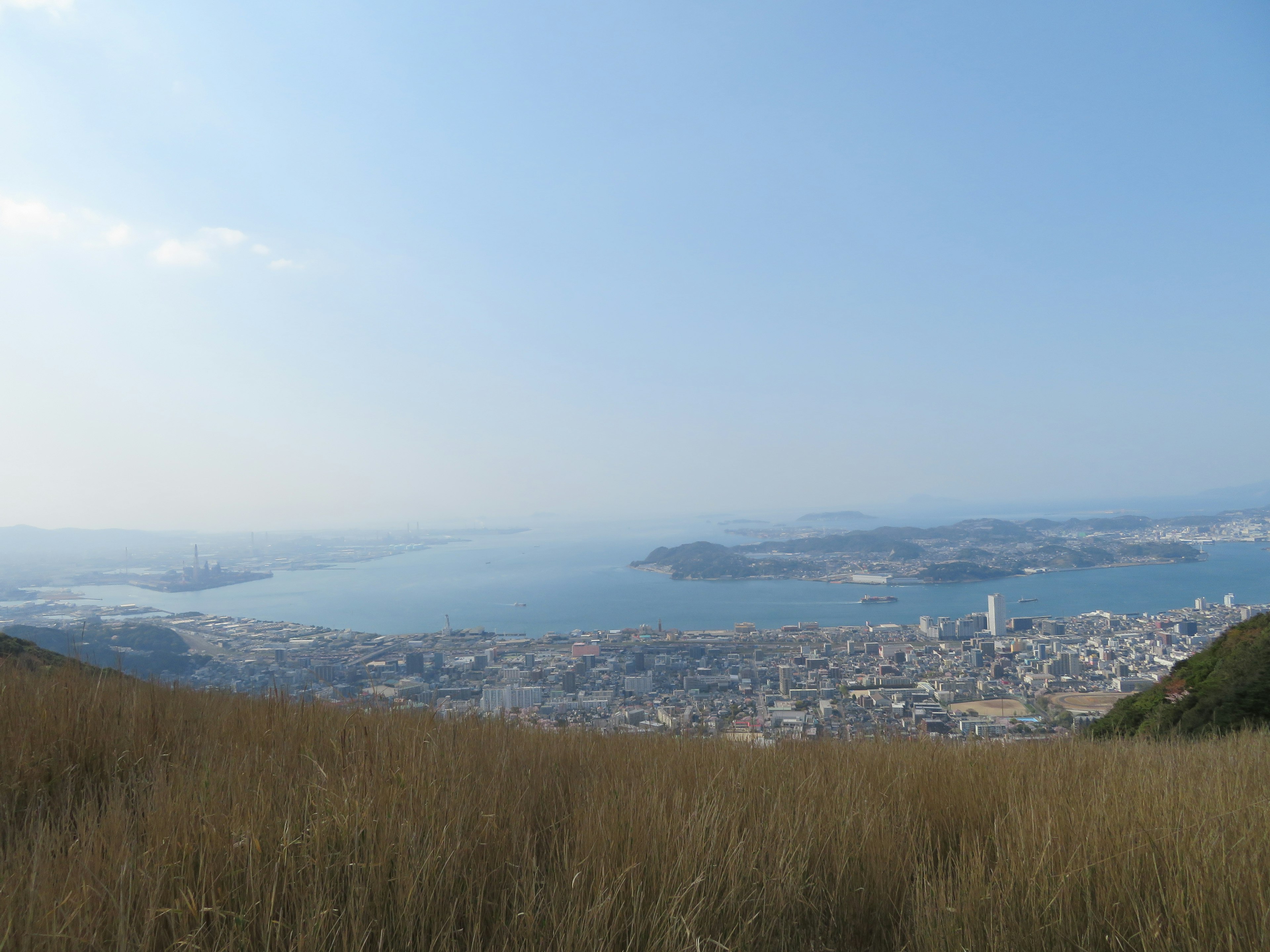 青い海と都市が広がる風景と草原