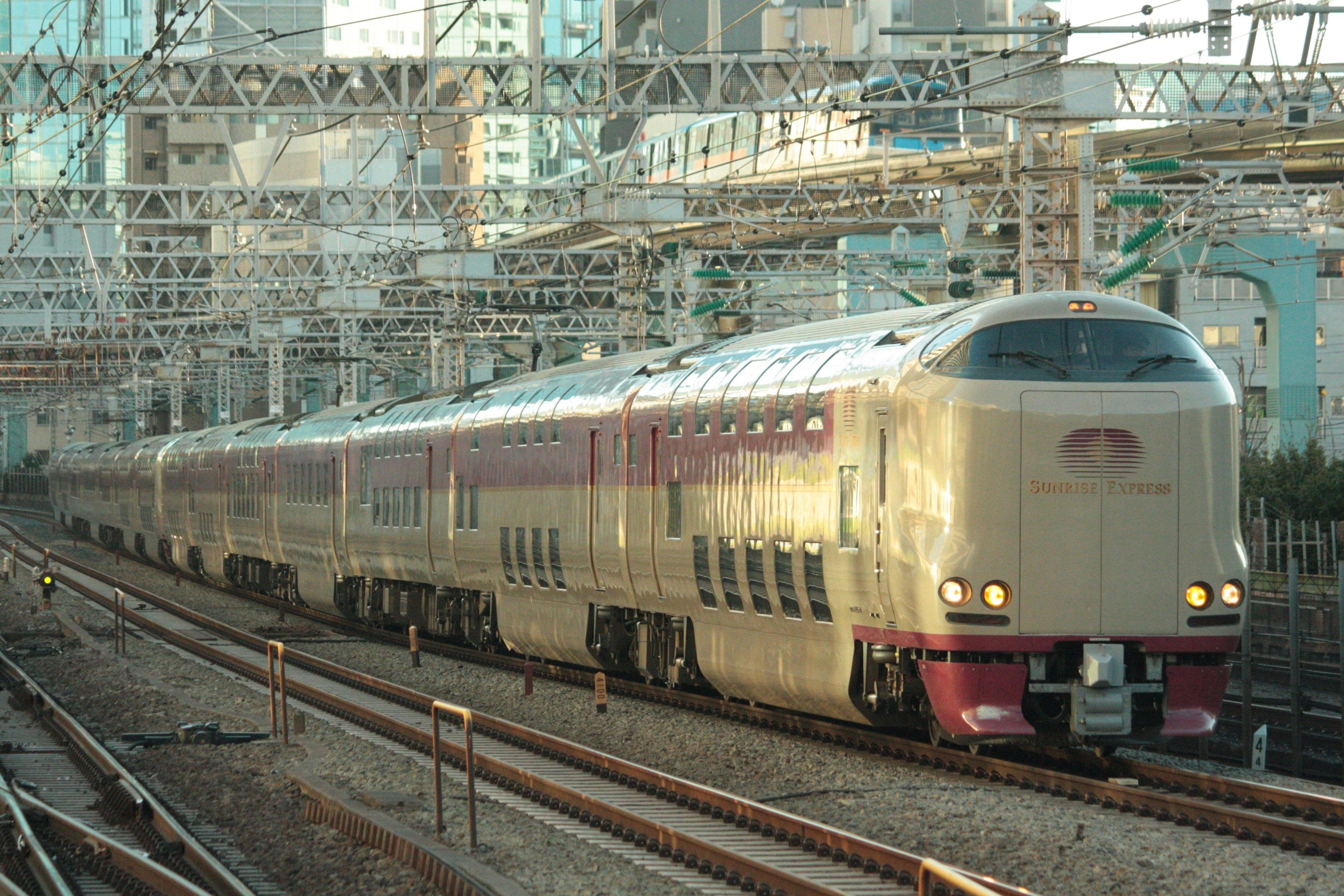 夕方の都市を背景にした特急列車が線路を走る