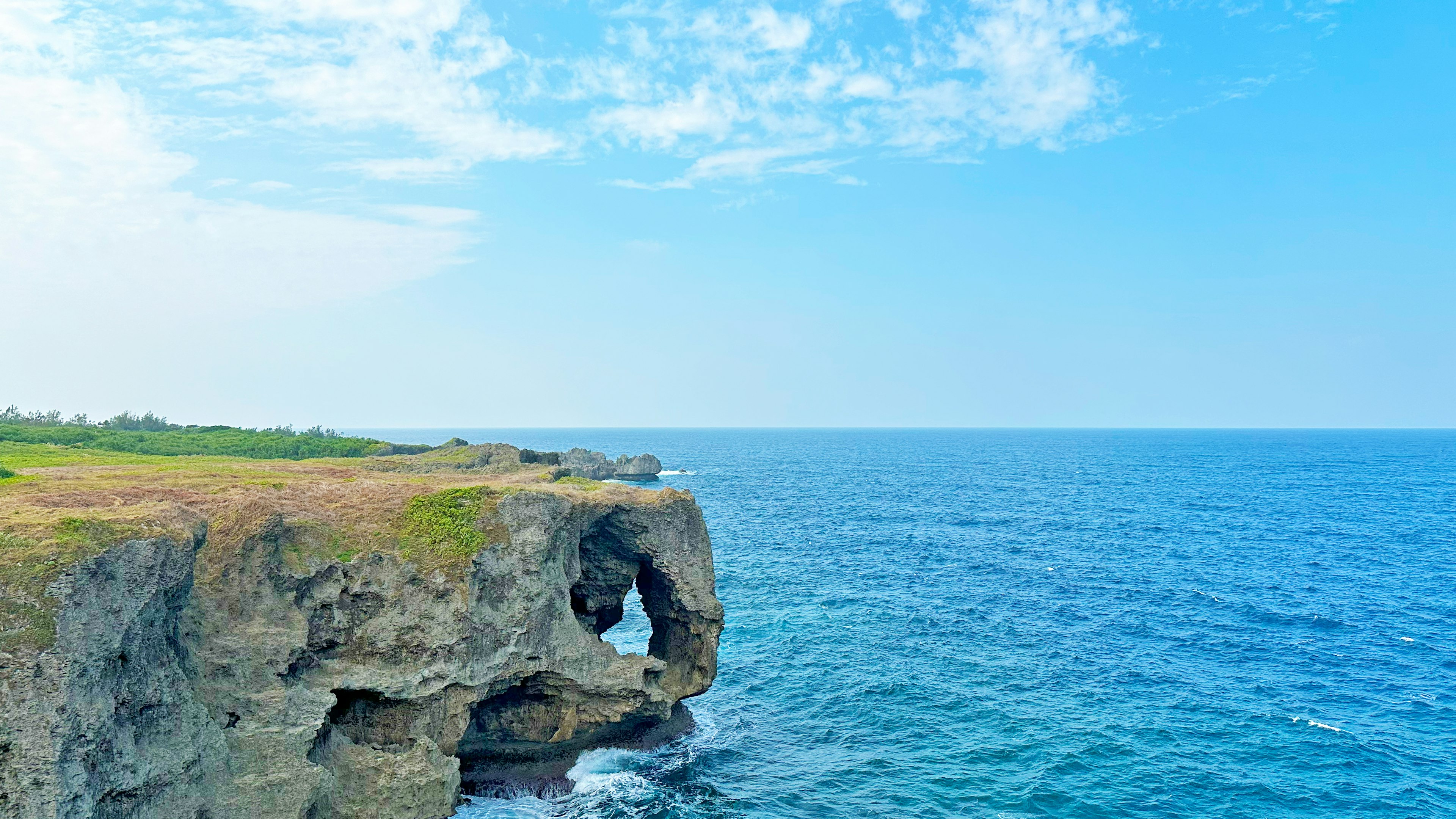 青い海と空の美しい風景 岩の崖と緑の草地が特徴