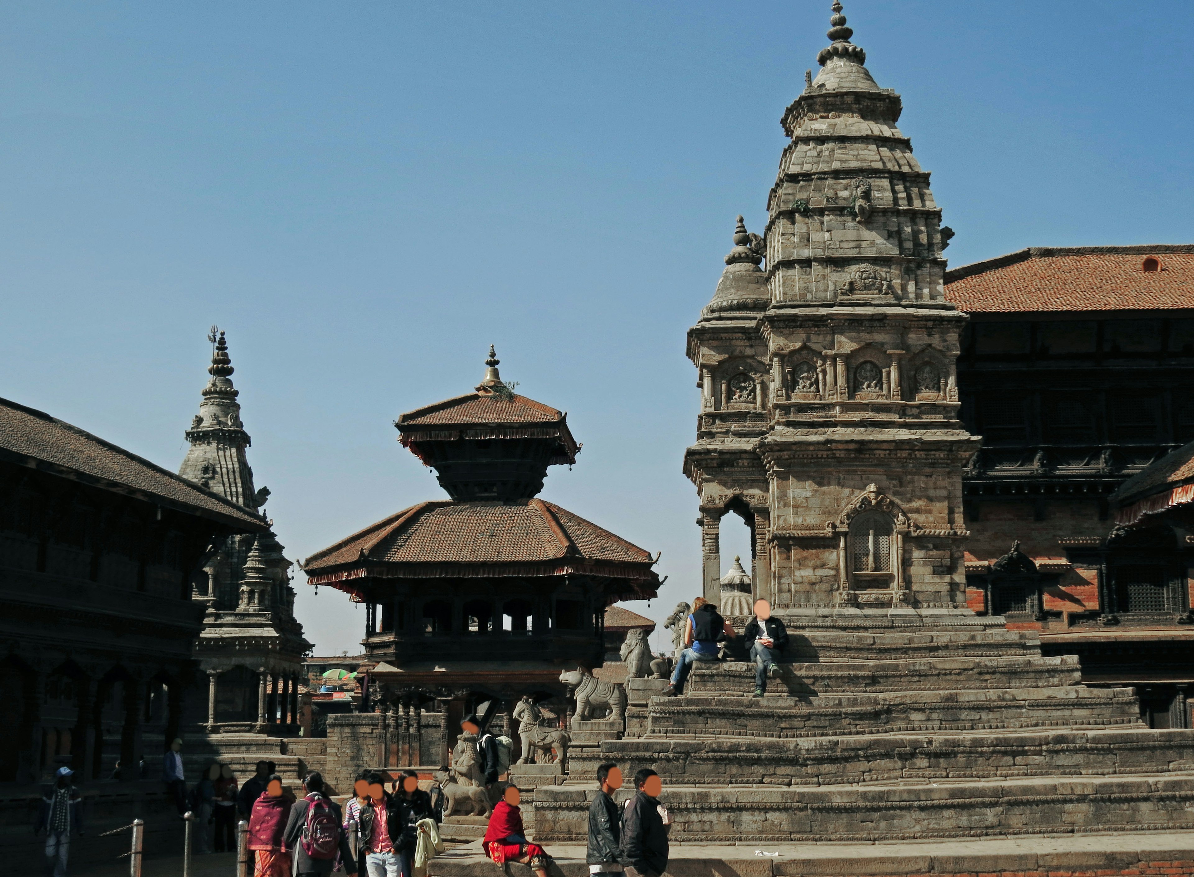 Historical temple complex in Kathmandu Durbar Square with people