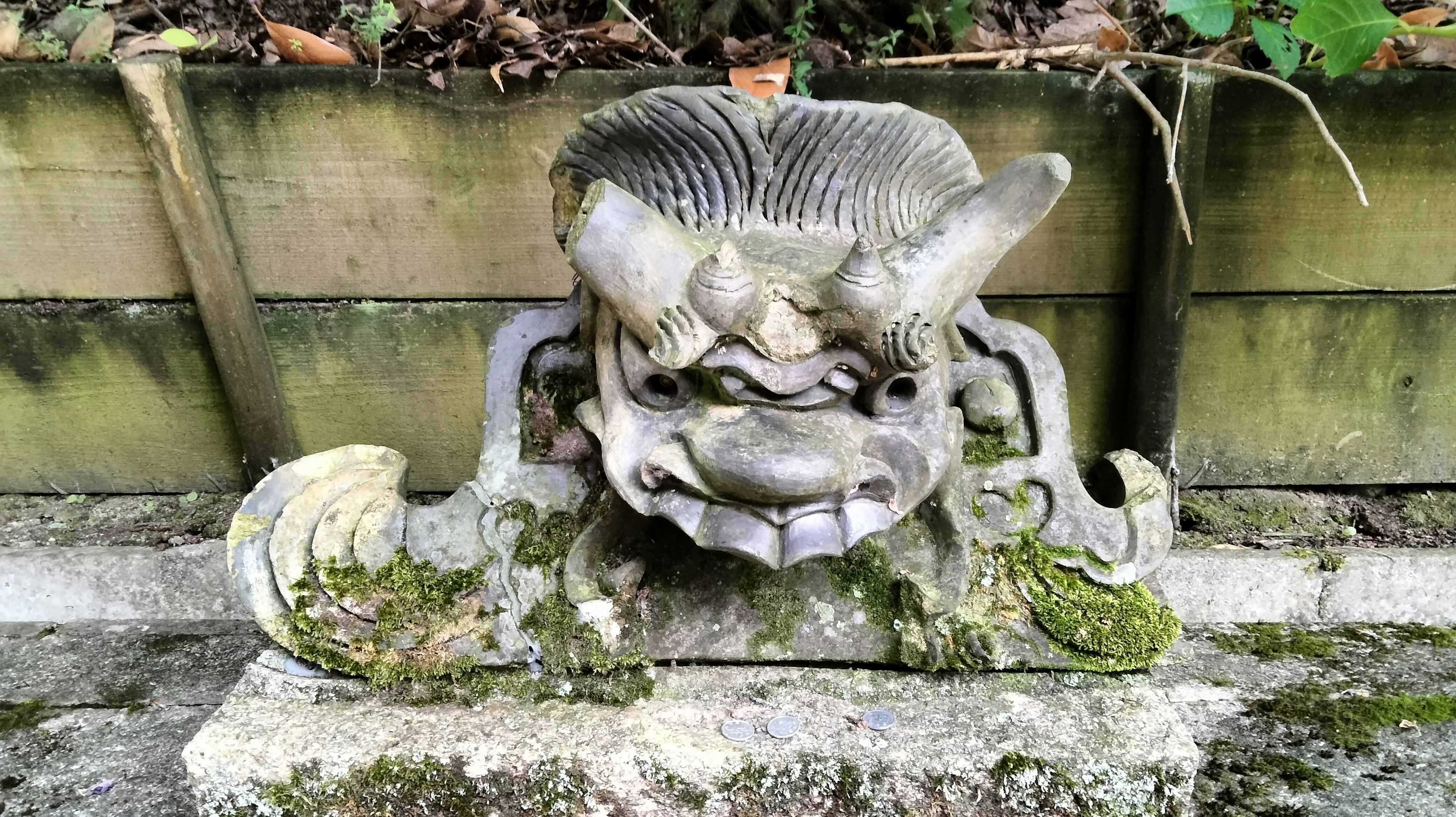 Ancienne sculpture en pierre représentant un visage de lion avec des détails recouverts de mousse