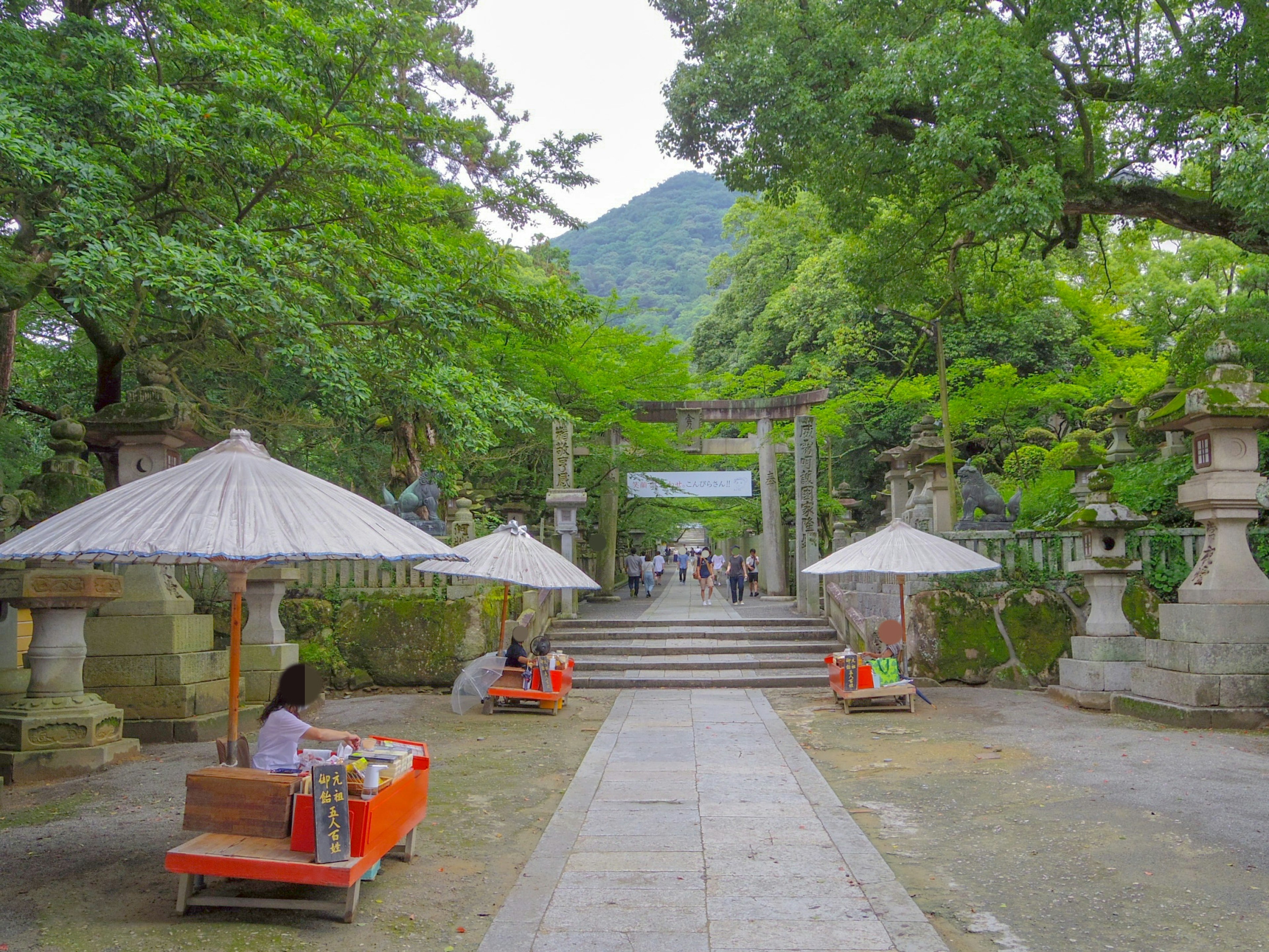 緑豊かな公園の中にある神社の入り口人々が散策している背景に山