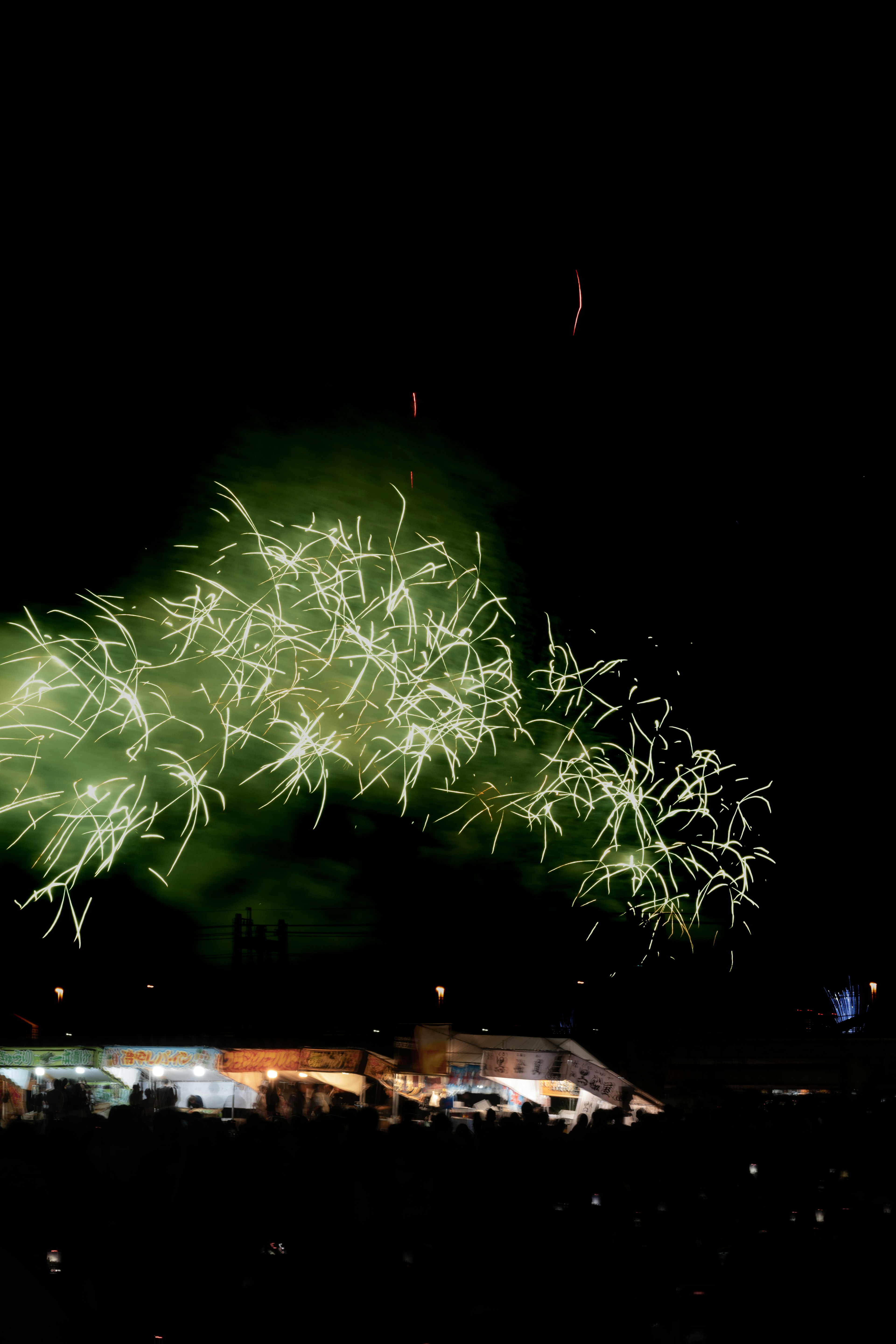 Fuochi d'artificio verdi che si arcuano sopra una folla di notte