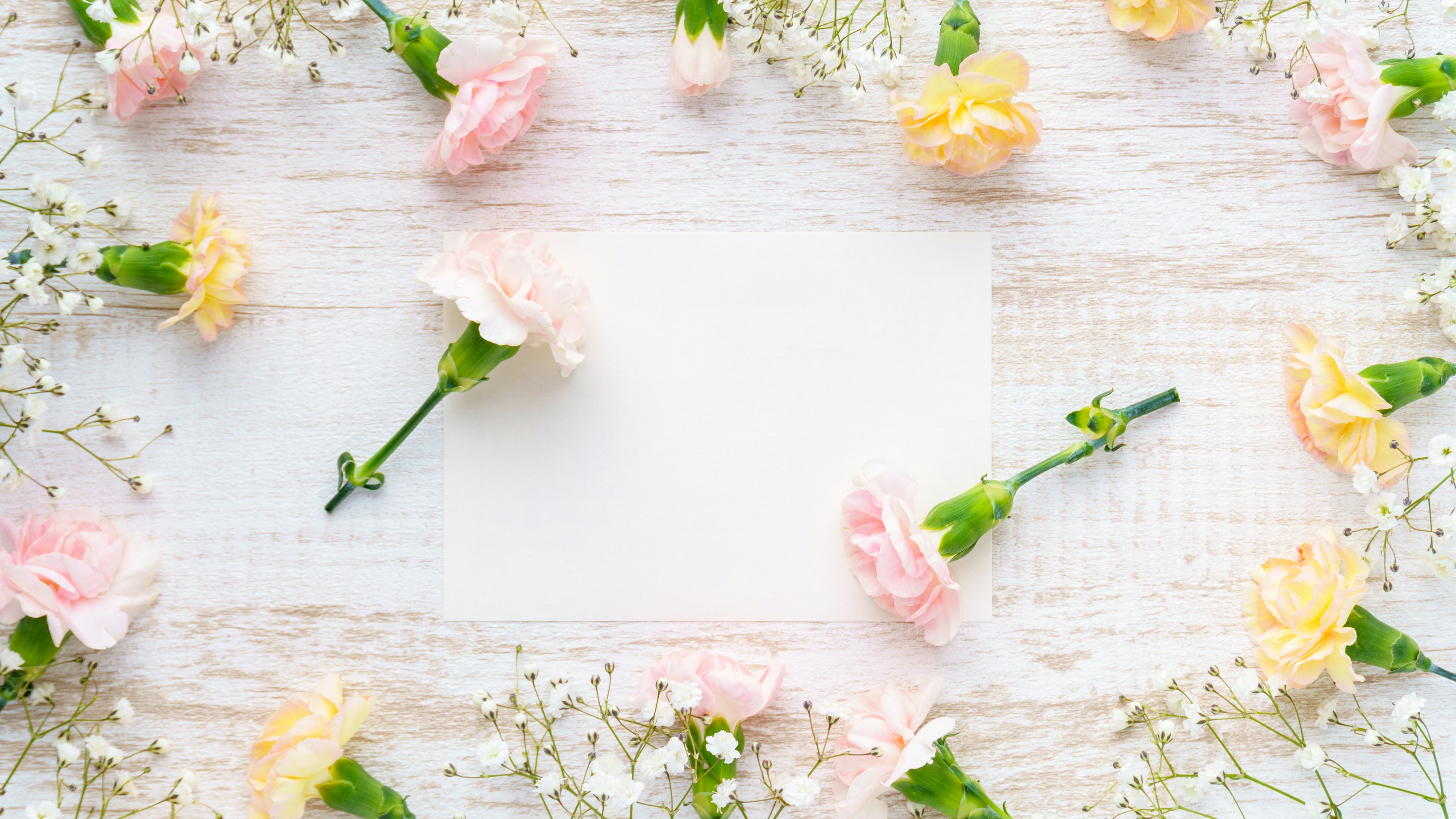 Une carte blanche au centre entourée de fleurs de couleur claire et de gypsophile sur un fond en bois blanc