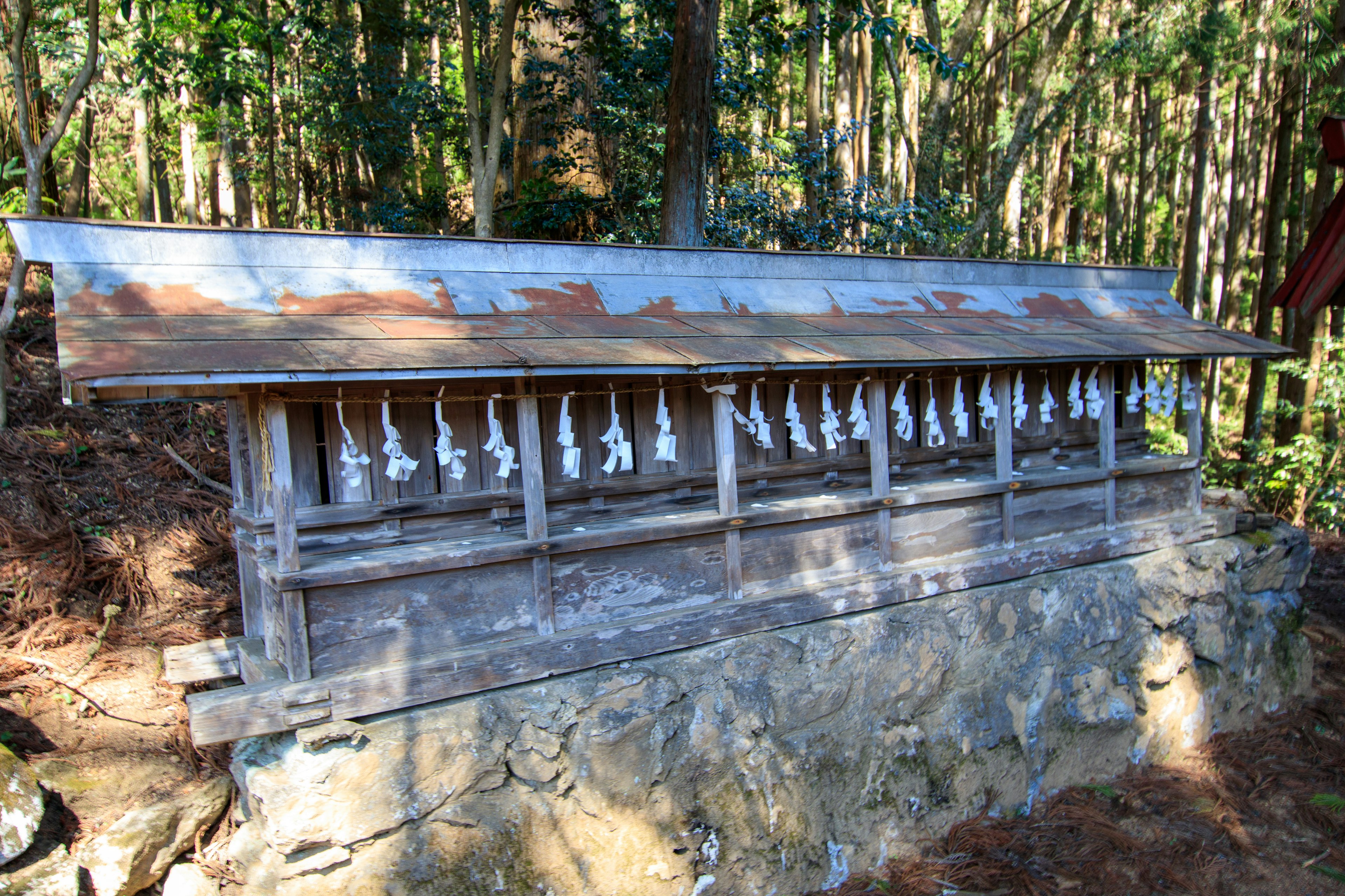 Wooden structure with hanging white cloth decorations in a forest setting