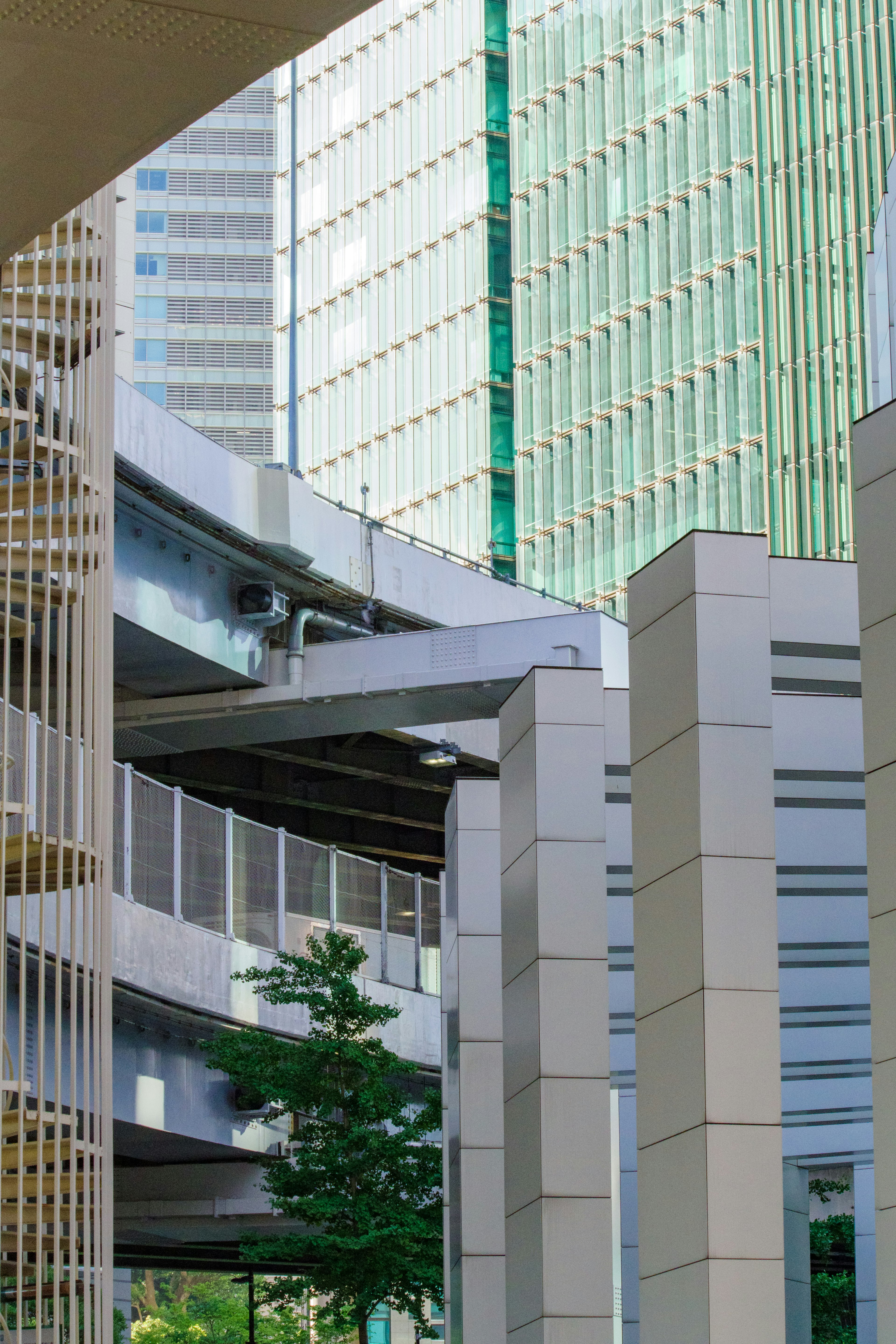 Urban landscape featuring modern buildings and curved structural designs