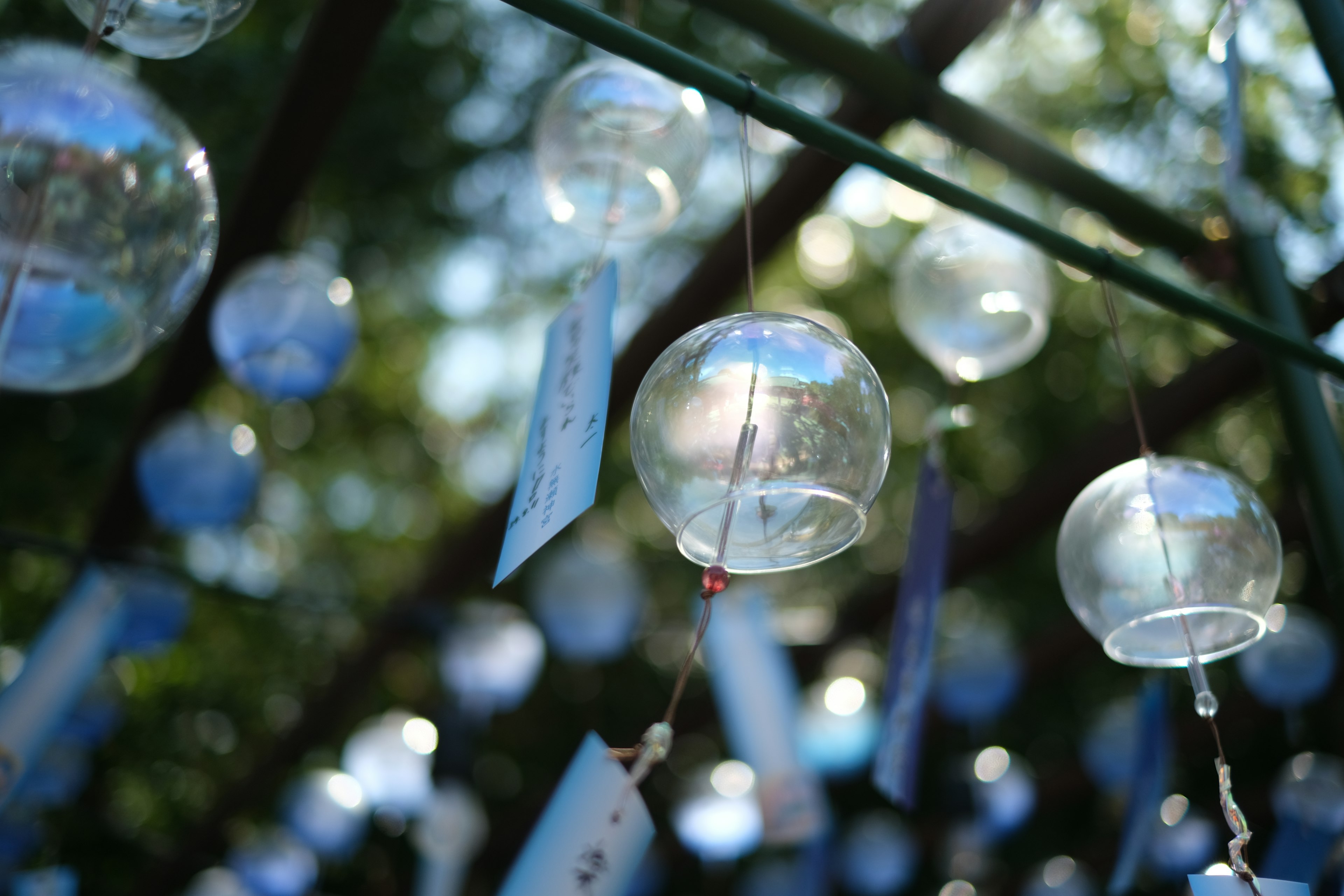 Une scène avec des carillons en verre bleu suspendus