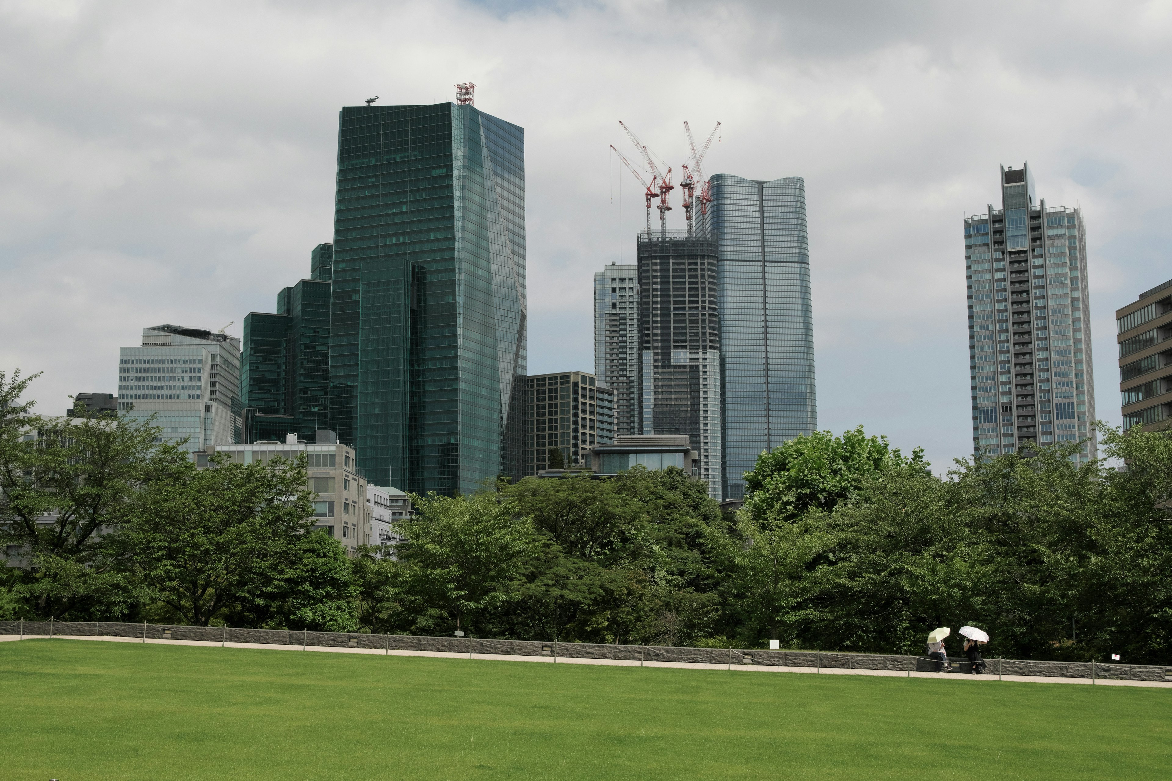 城市天際線，現代摩天大樓與前景的綠地