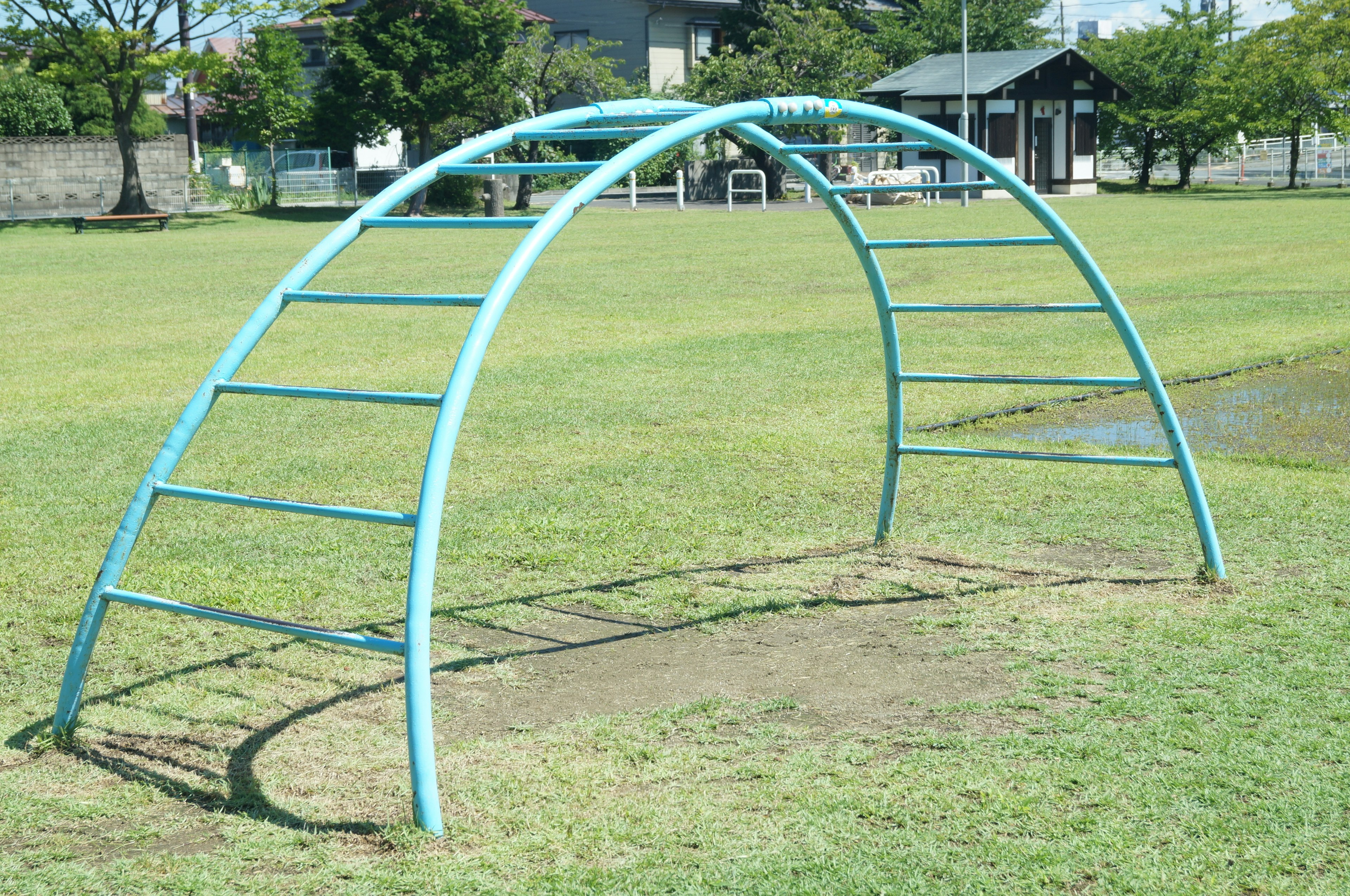 Park scene featuring a blue metal climbing frame