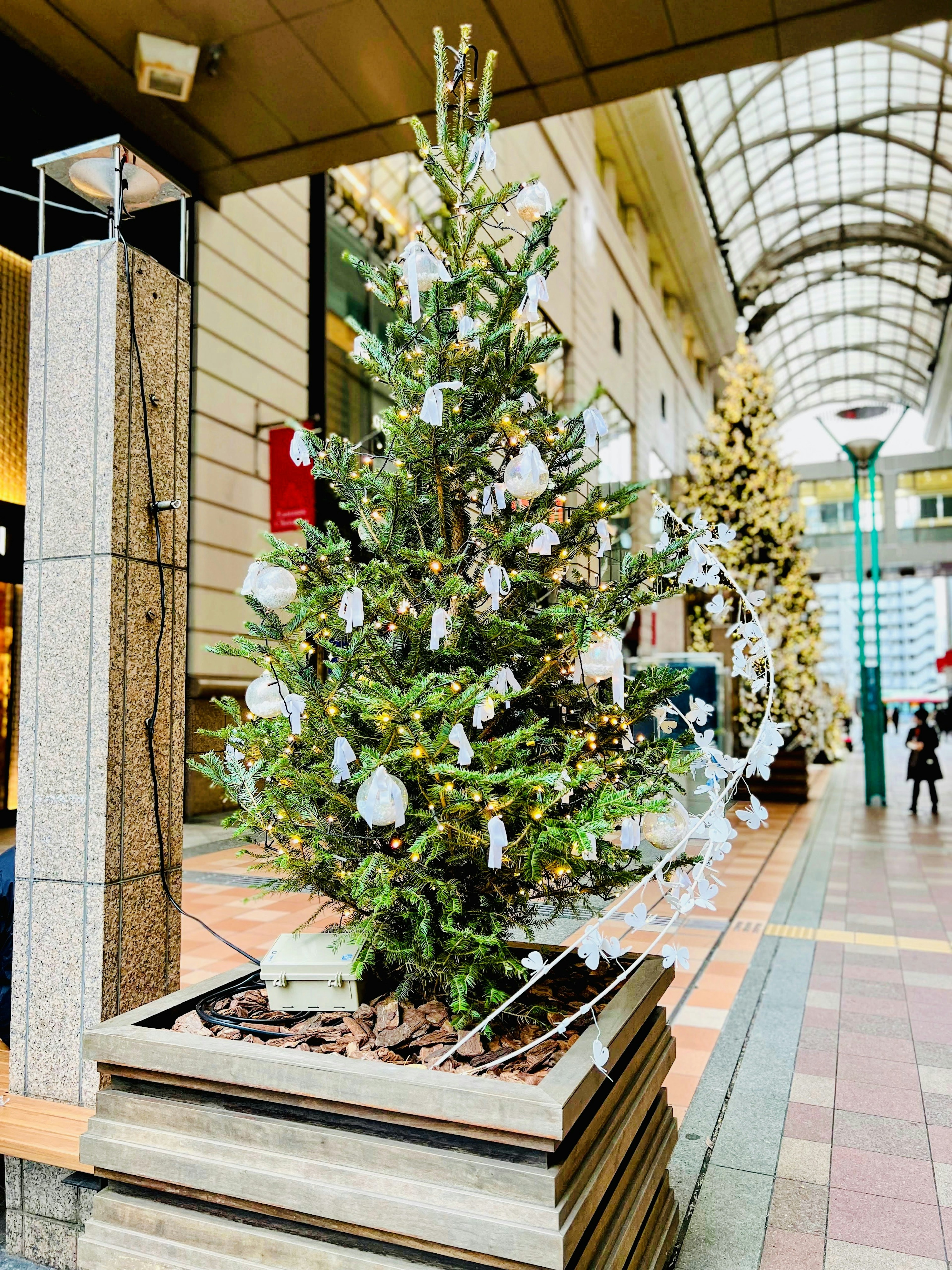 クリスマスツリーが飾られたショッピングアーケードの風景