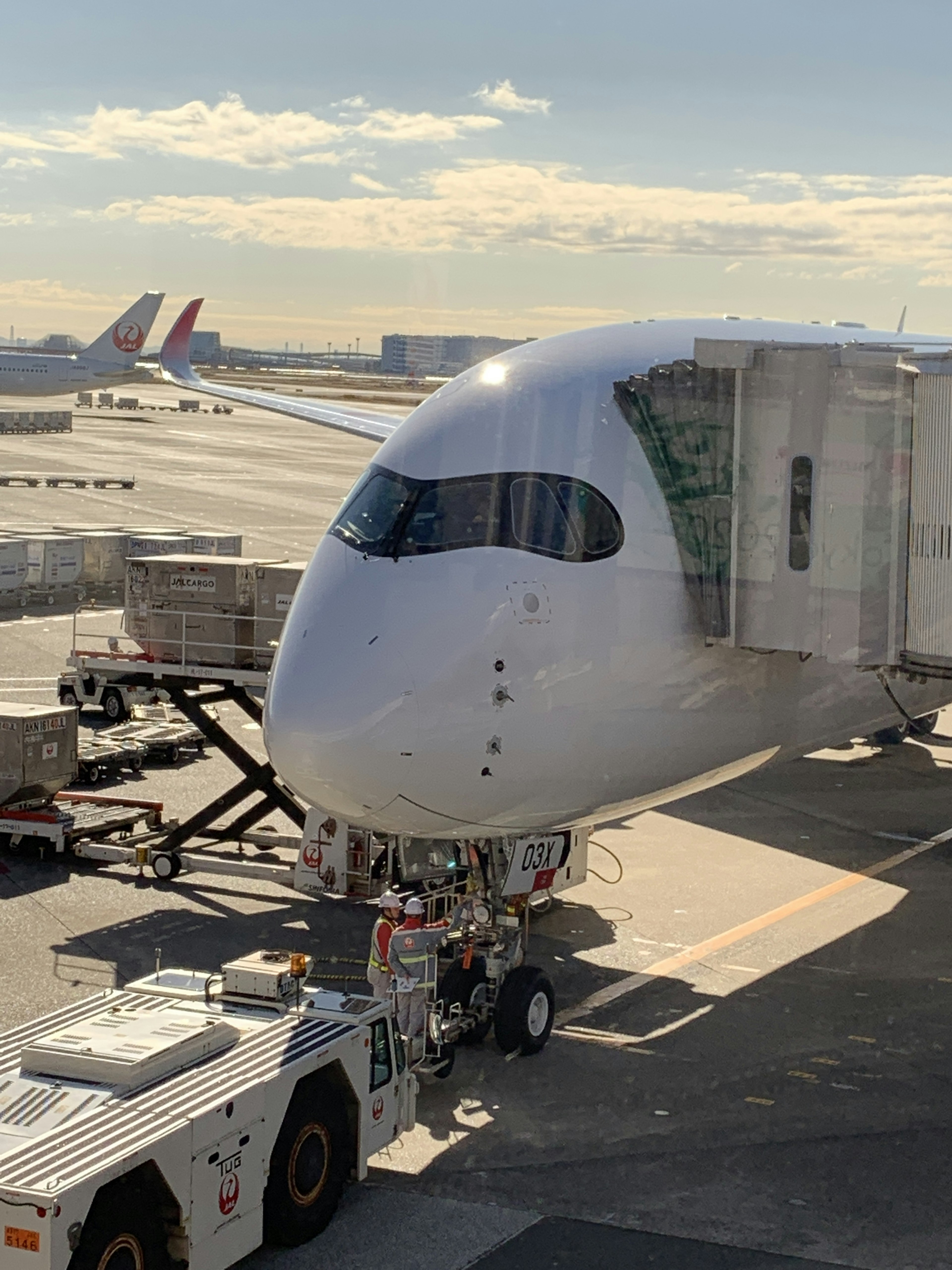 Vista frontale di un aereo all'aeroporto con un ponte di imbarco