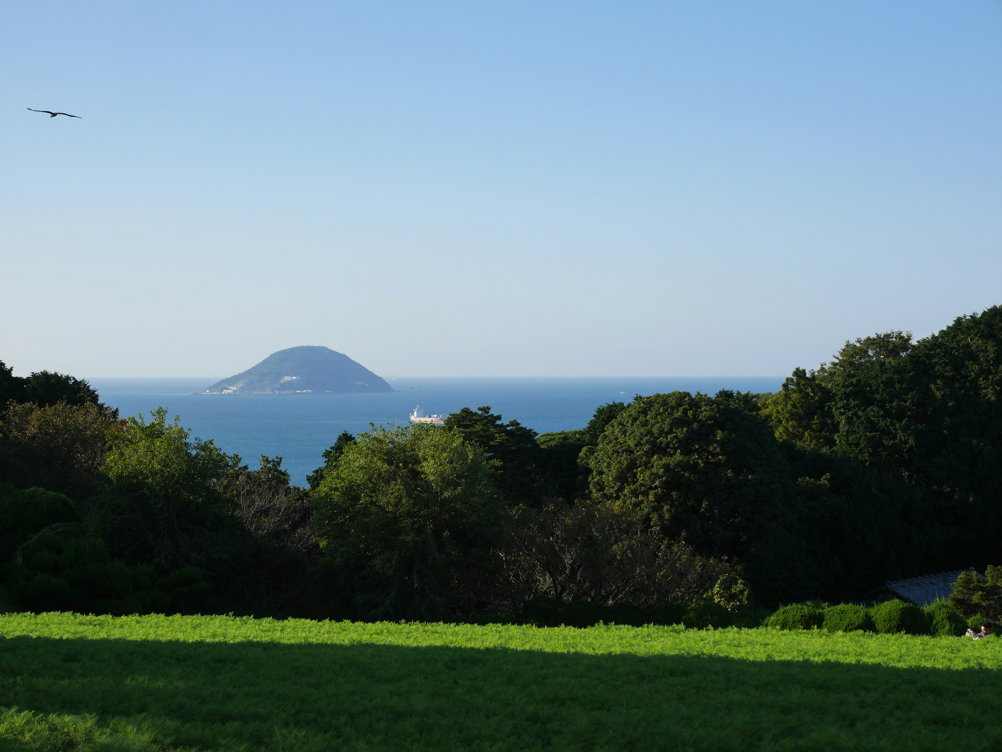 青い海と緑の草原が広がる風景に小さな島が浮かんでいる