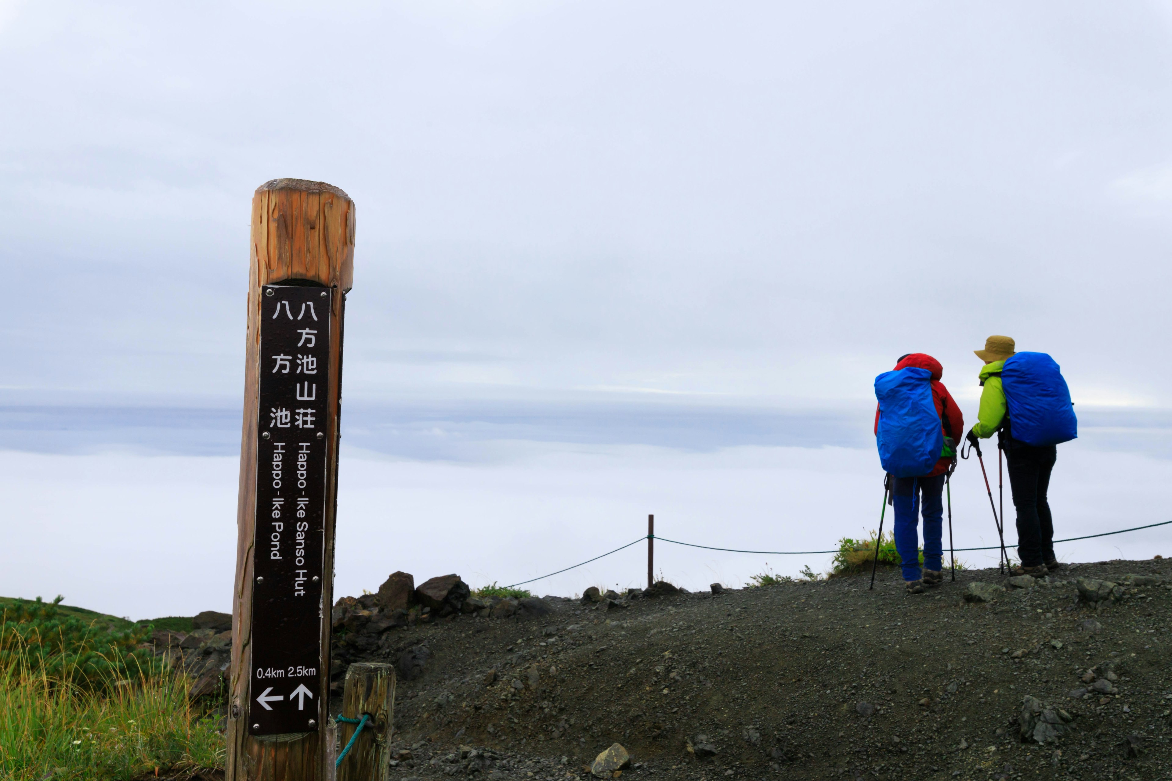 登山道の標識とハイカーが雲海を見つめている風景