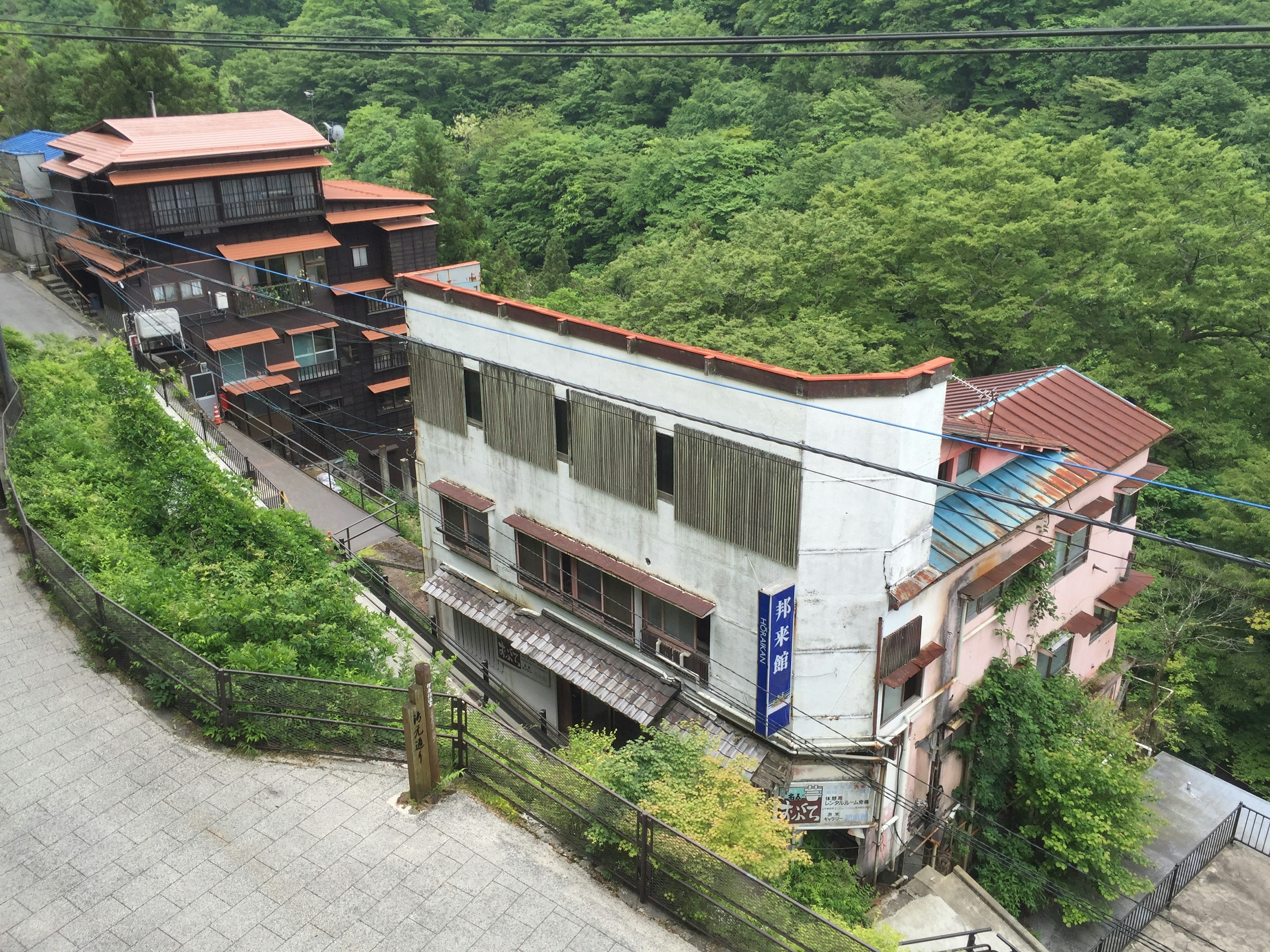 Vue aérienne de vieux bâtiments entourés de verdure luxuriante