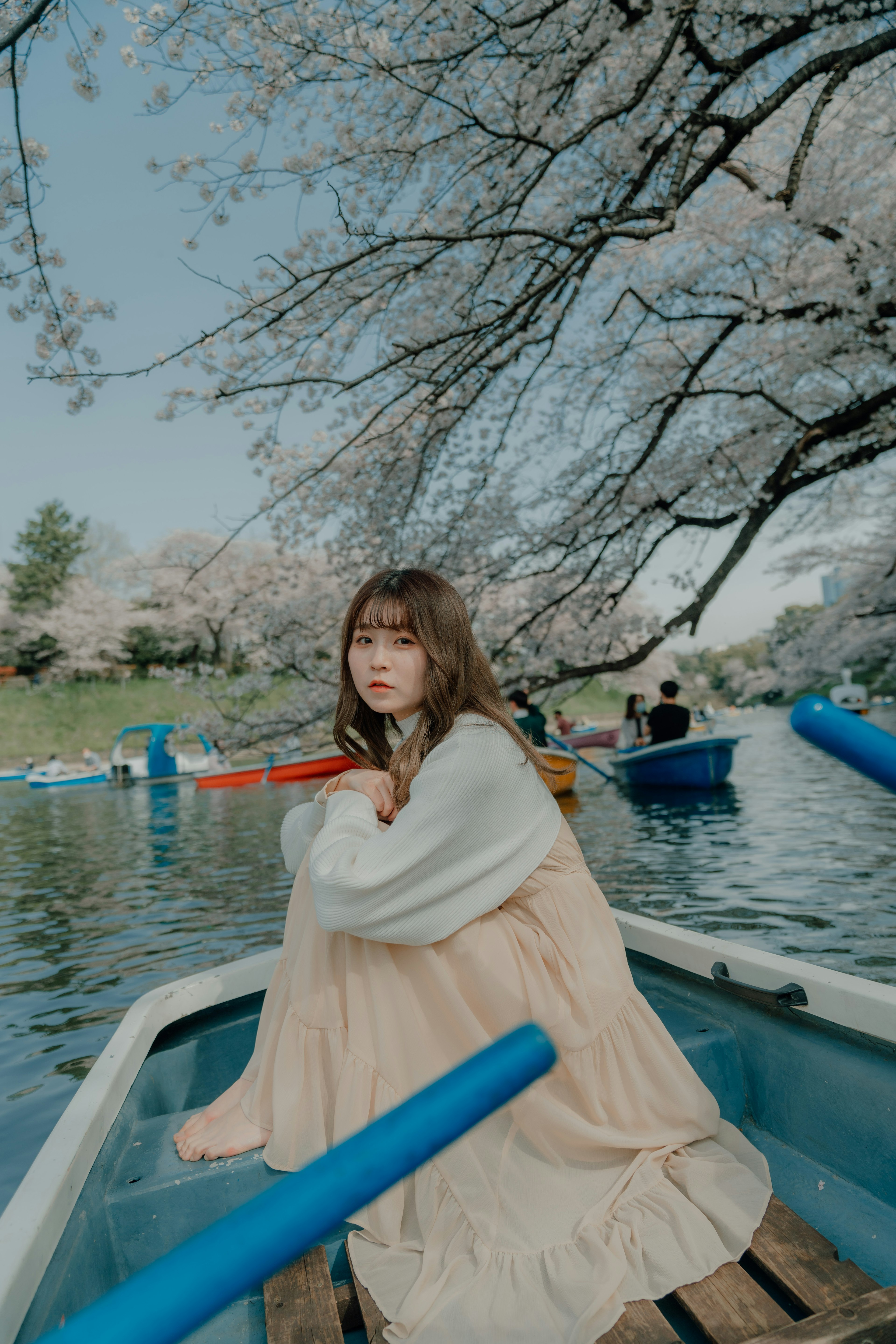 Une femme assise dans un bateau sous des cerisiers en fleurs