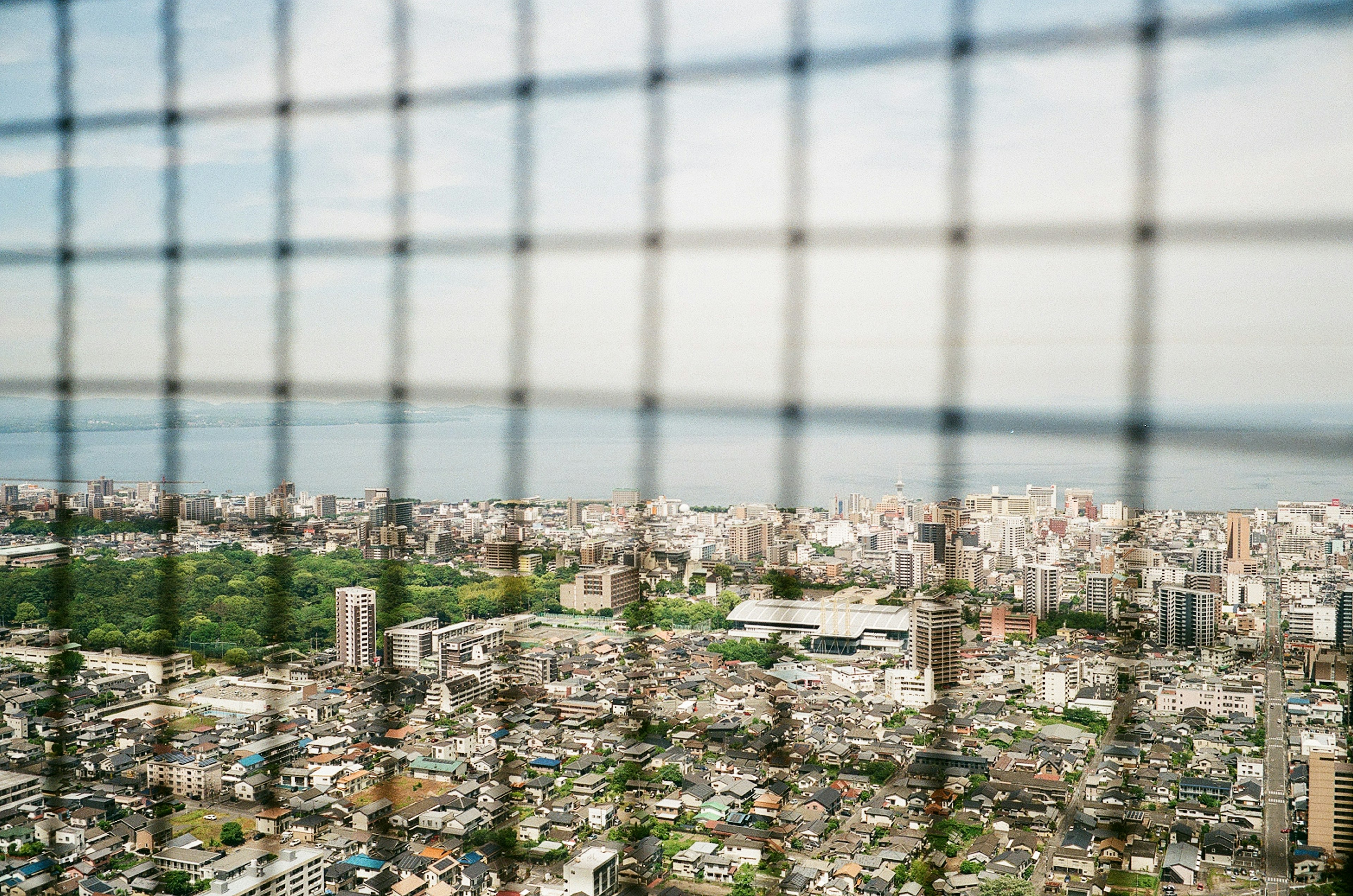 View of a city and ocean through a mesh fence featuring scattered green parks