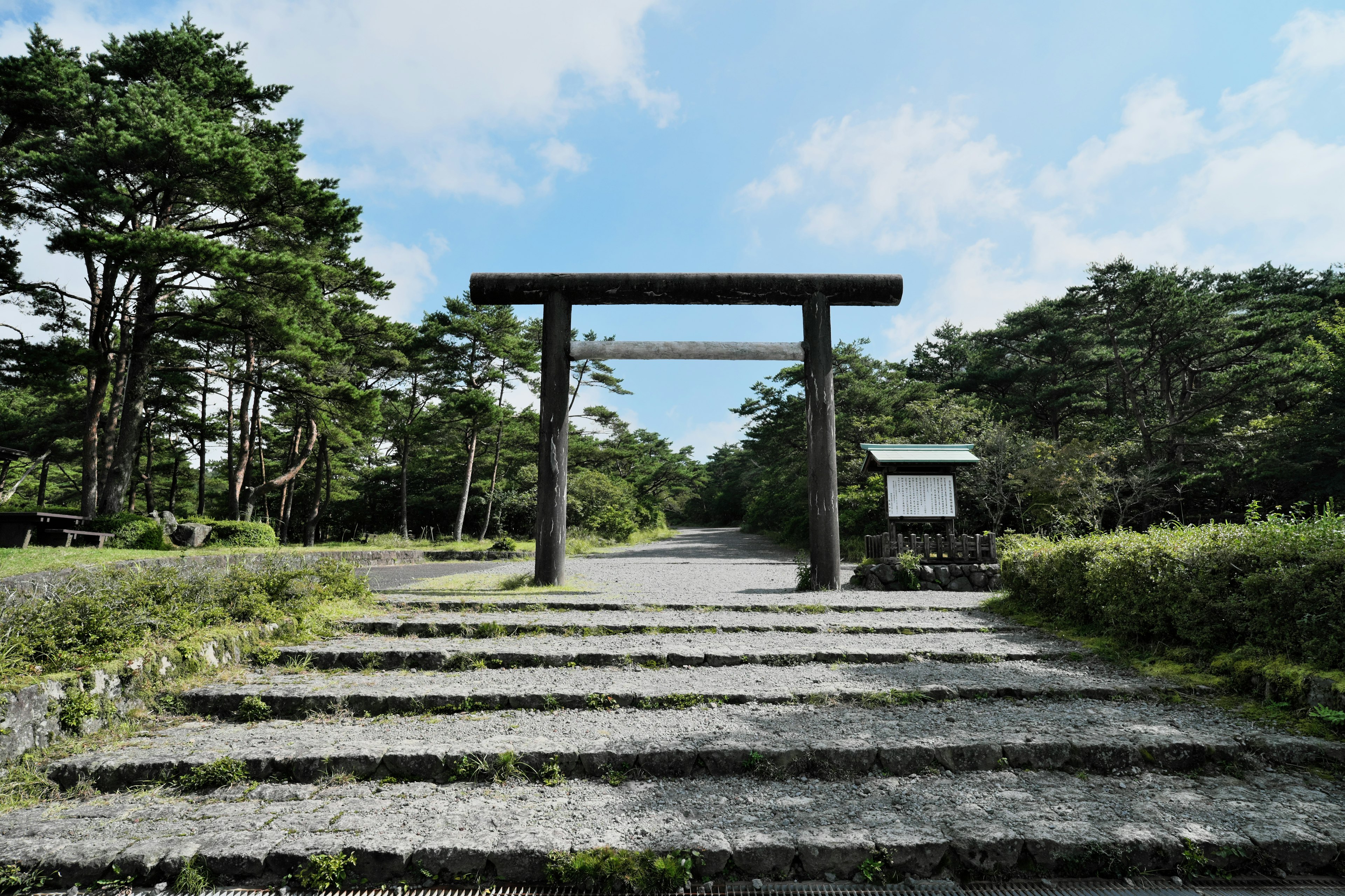 Steinerne Treppen, die zu einem Torii führen, umgeben von Grün