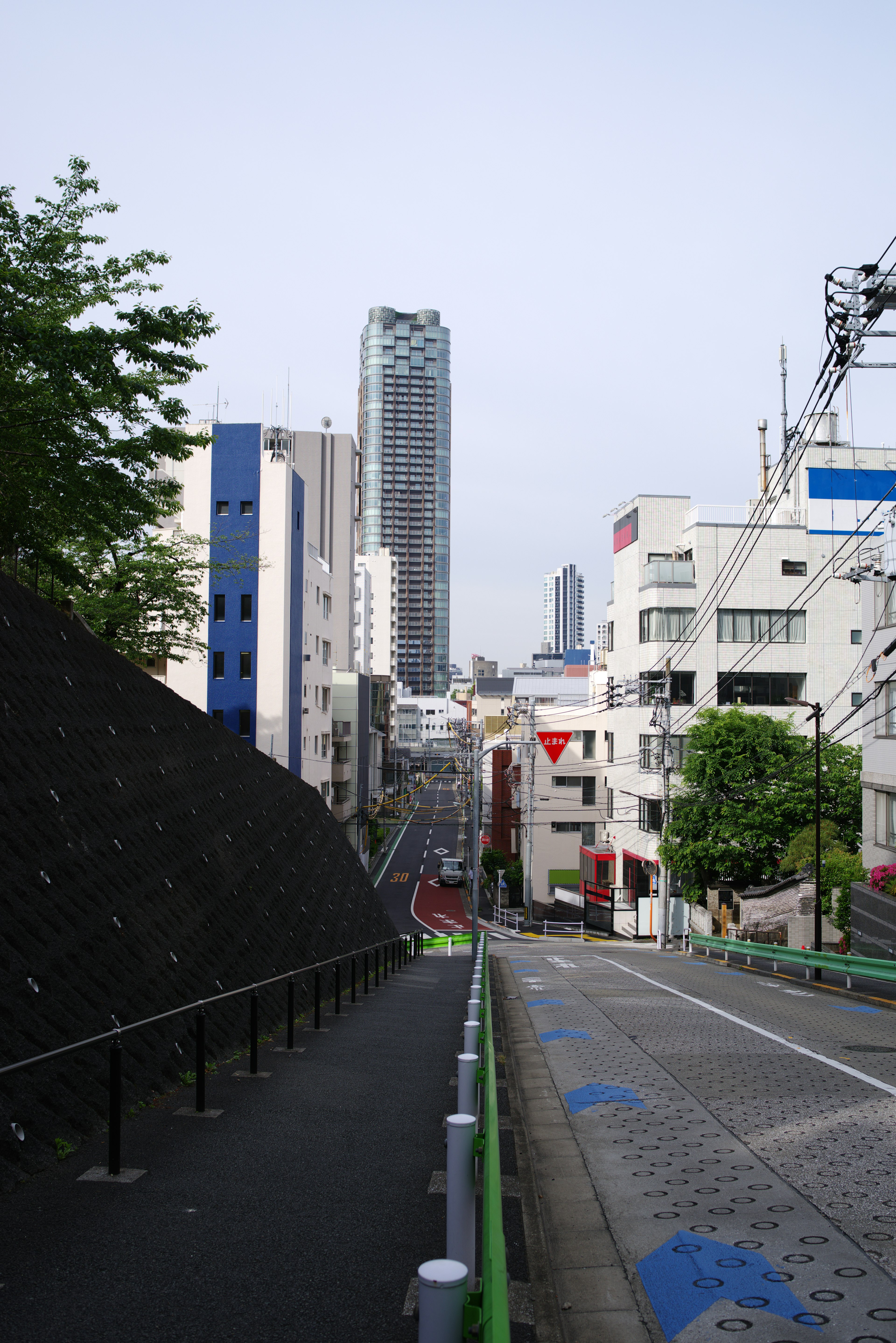 City street view with modern buildings and greenery