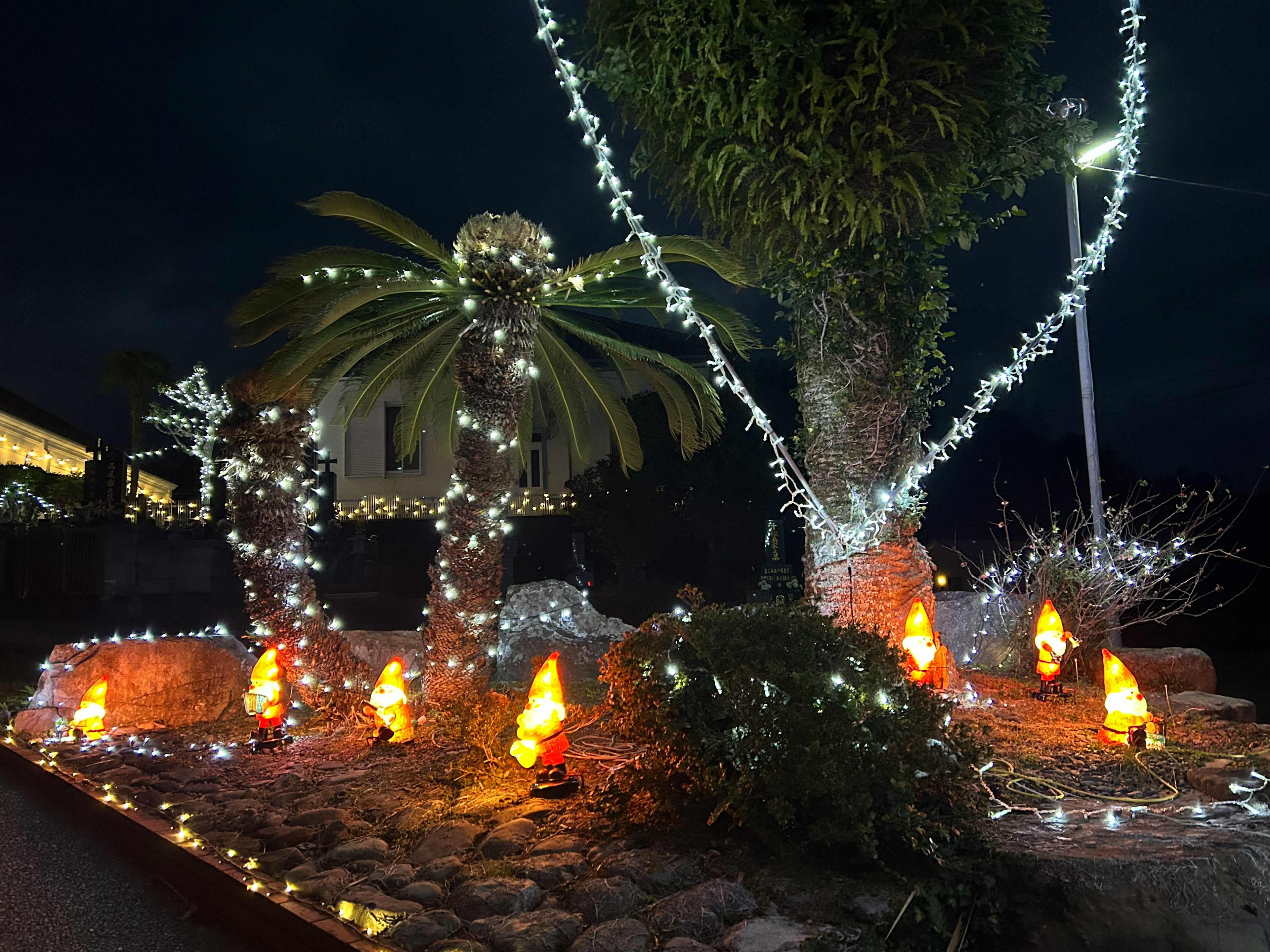 Dekorierte Gartenszene bei Nacht mit Lichtern und Ornamenten