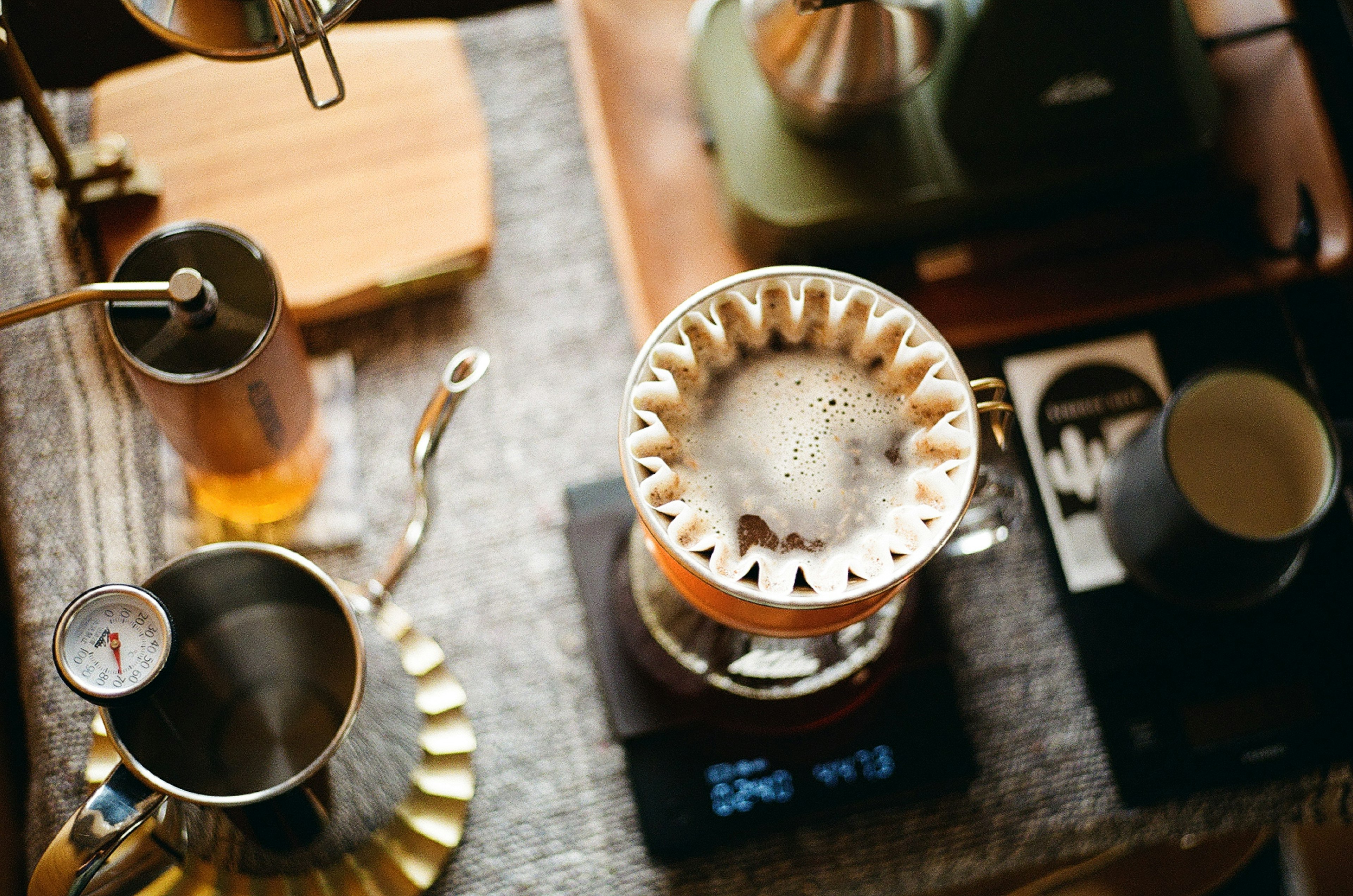 Top view of coffee brewing equipment on a table