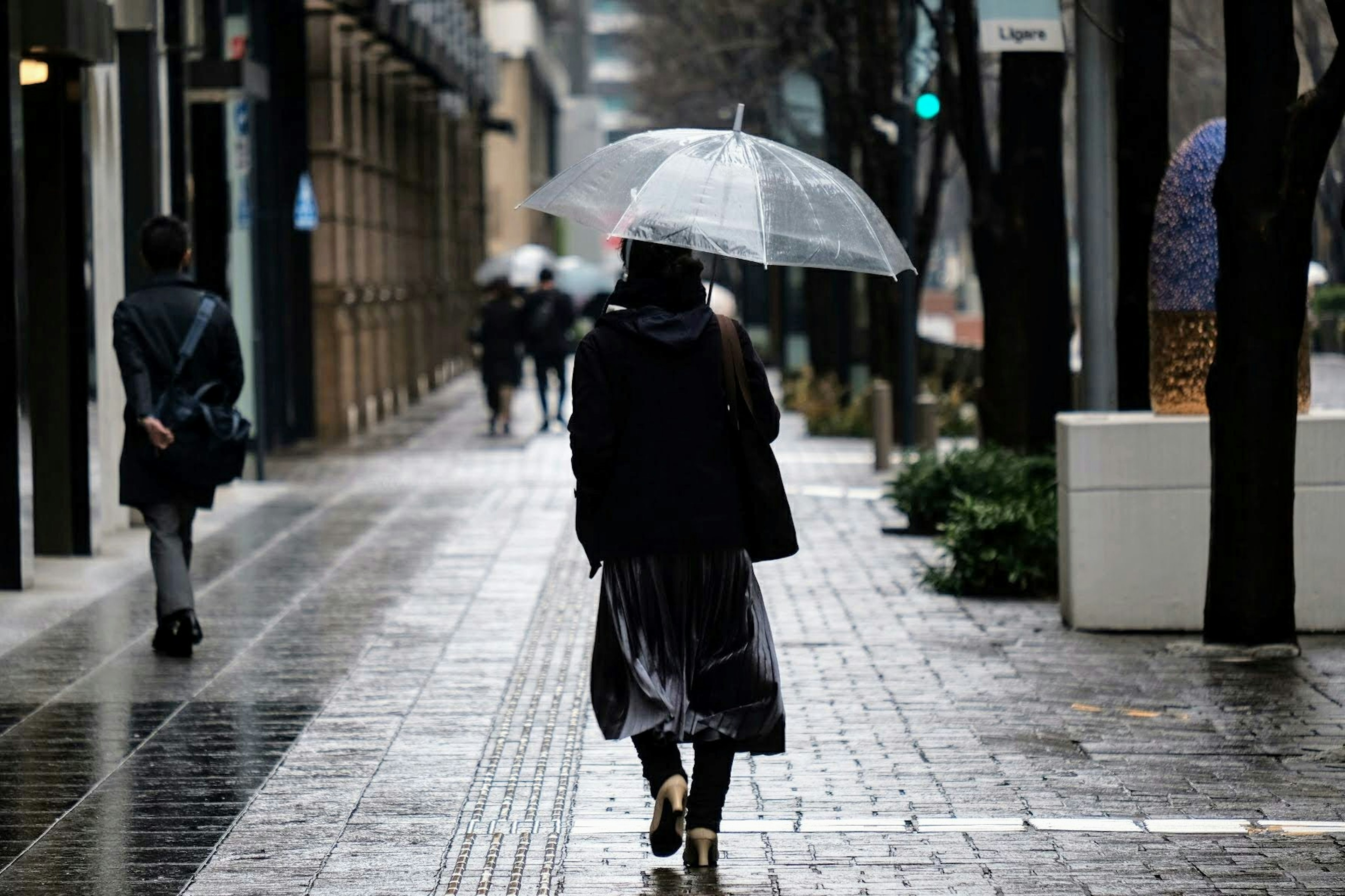 A woman walking in the rain holding an umbrella in an urban setting