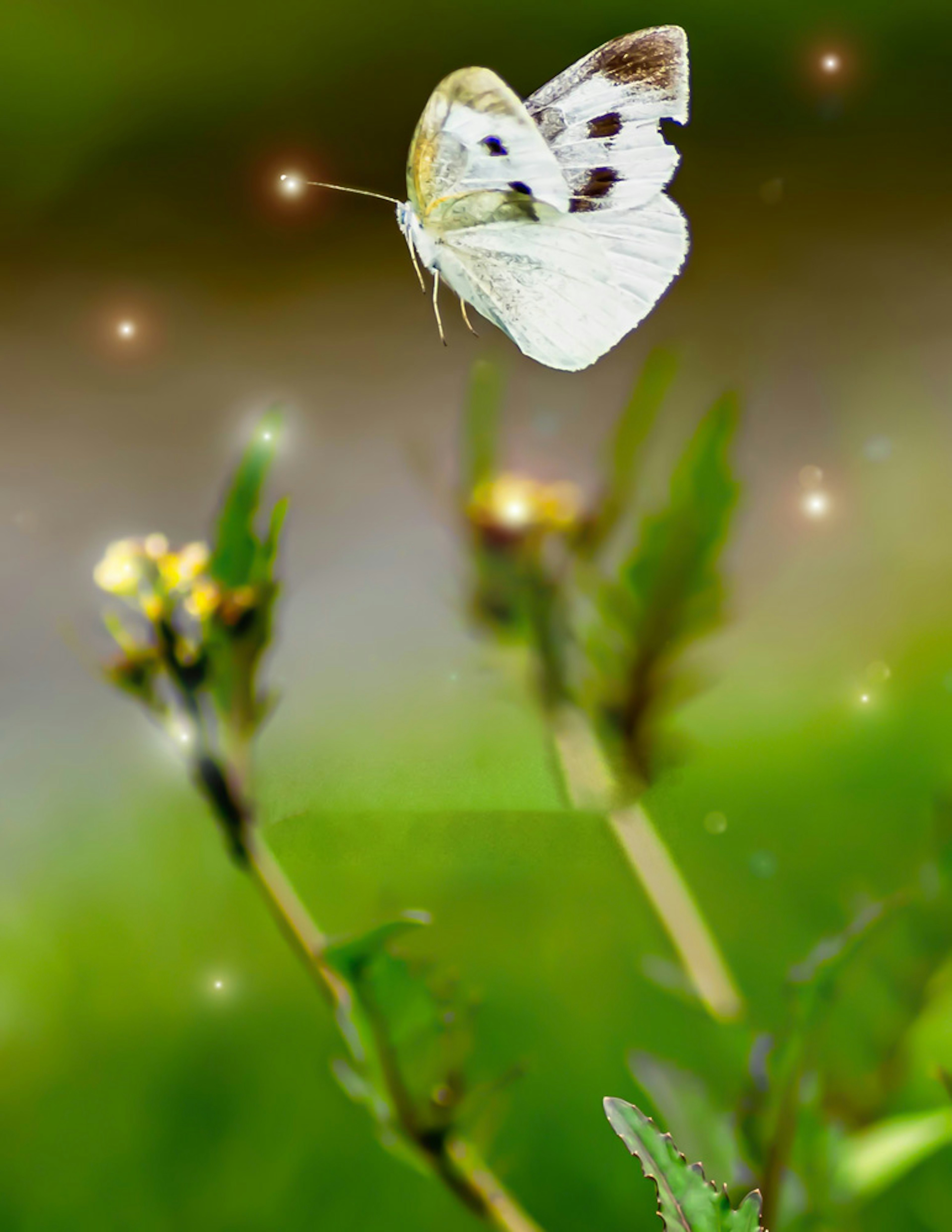 Un papillon blanc survolant des fleurs avec un arrière-plan vert