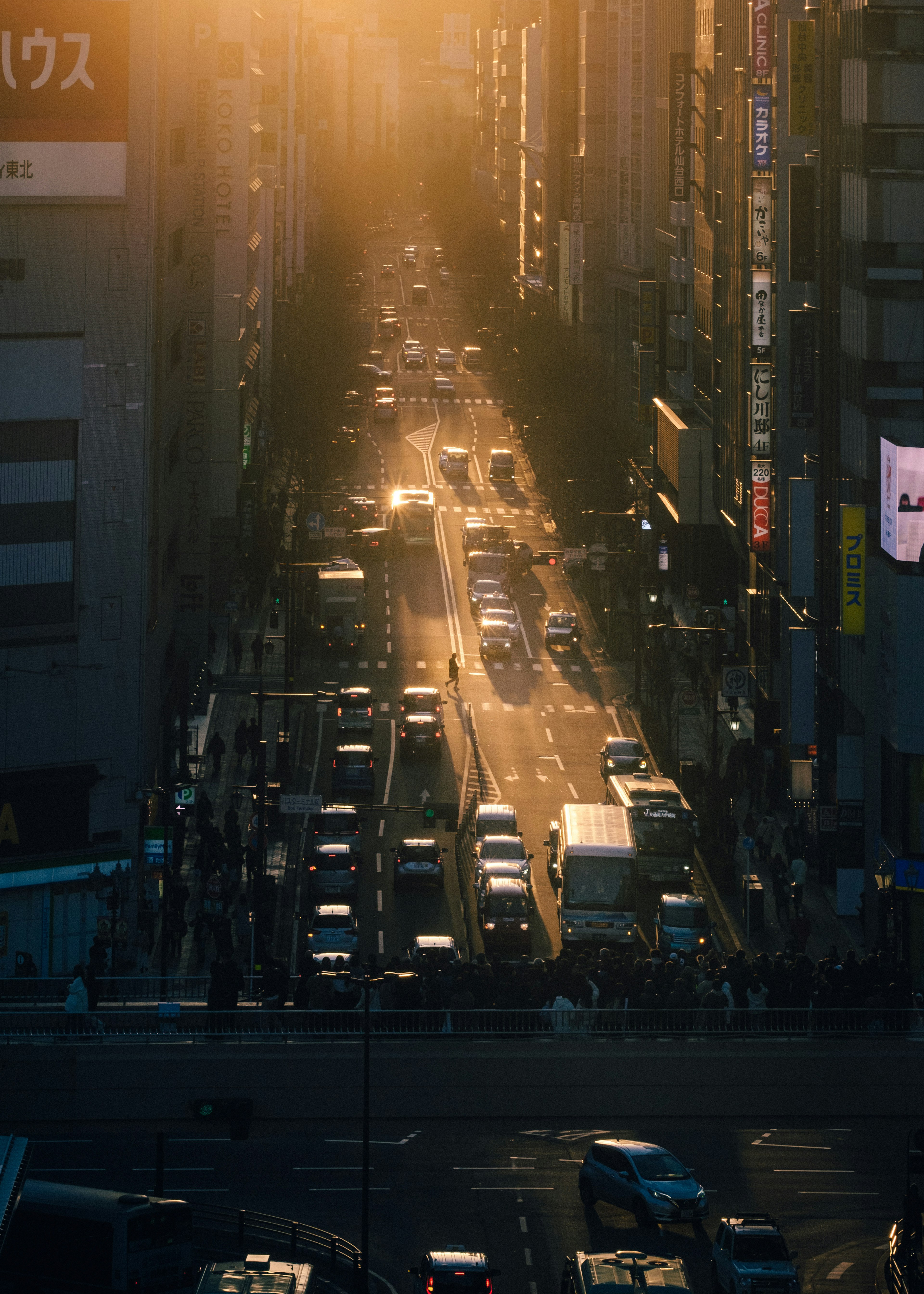 Strada cittadina illuminata dal tramonto traffico vivace