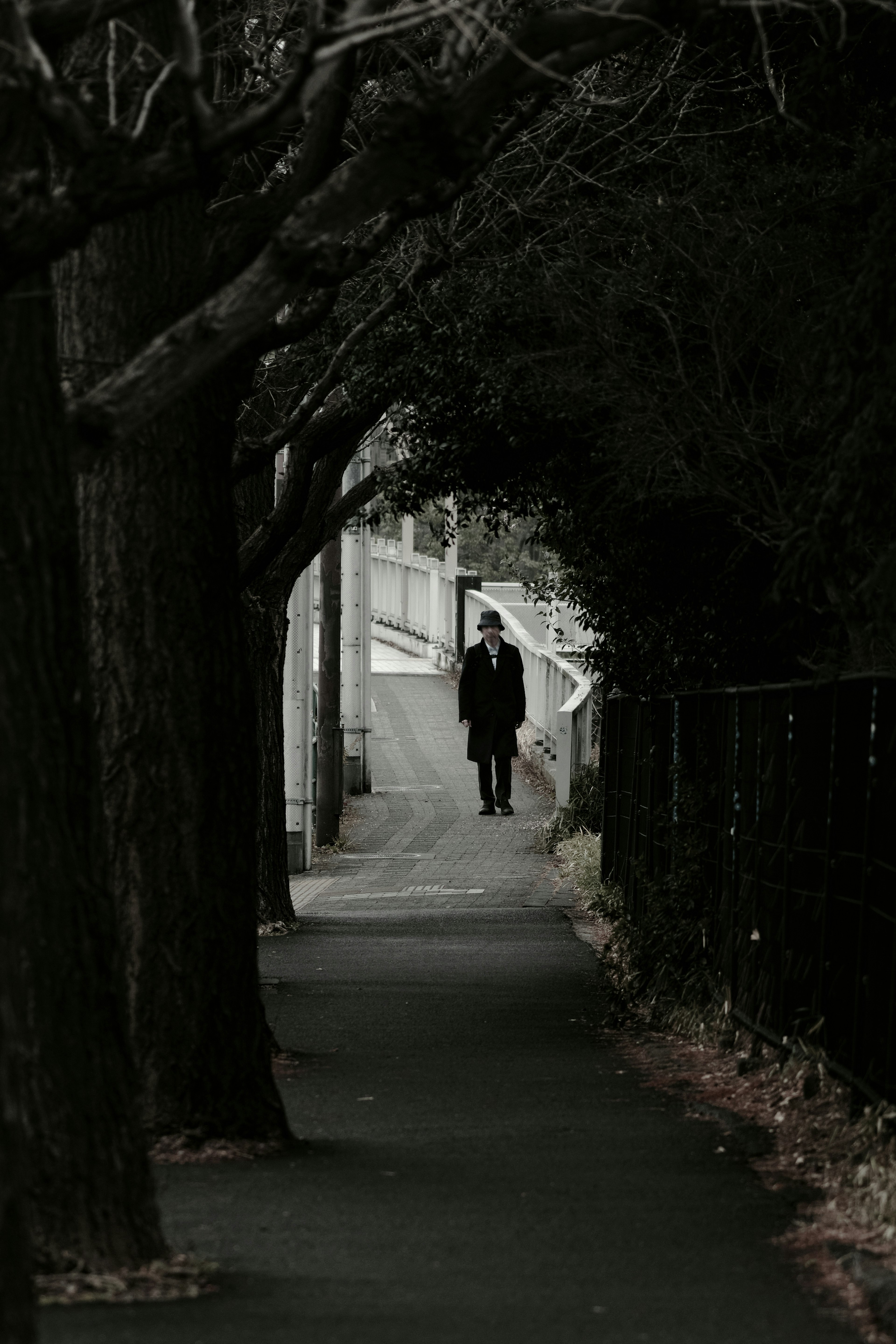 Silhouette d'une personne marchant sur un chemin sombre