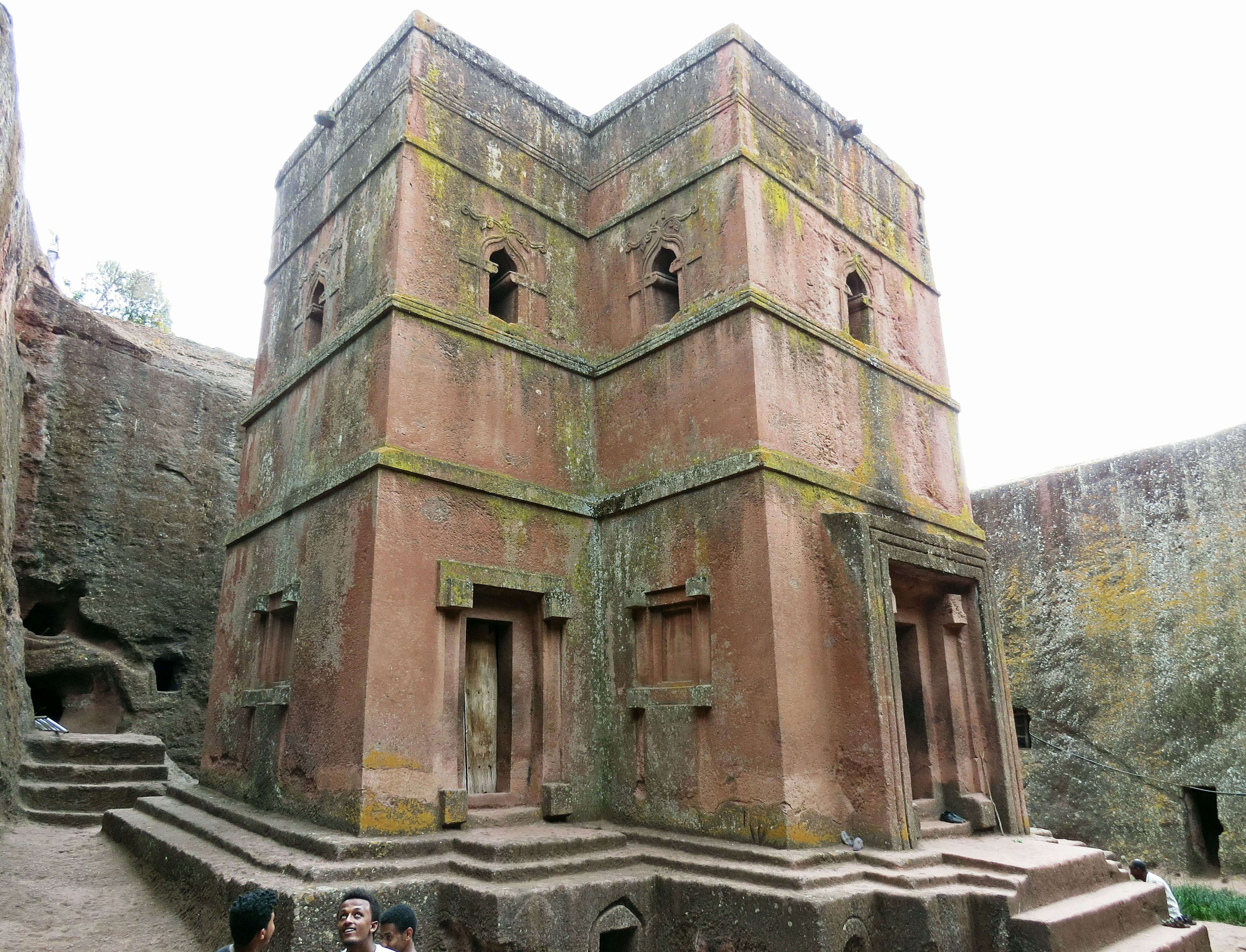 Rock-hewn church building in Lalibela Ethiopia featuring unique shape and color