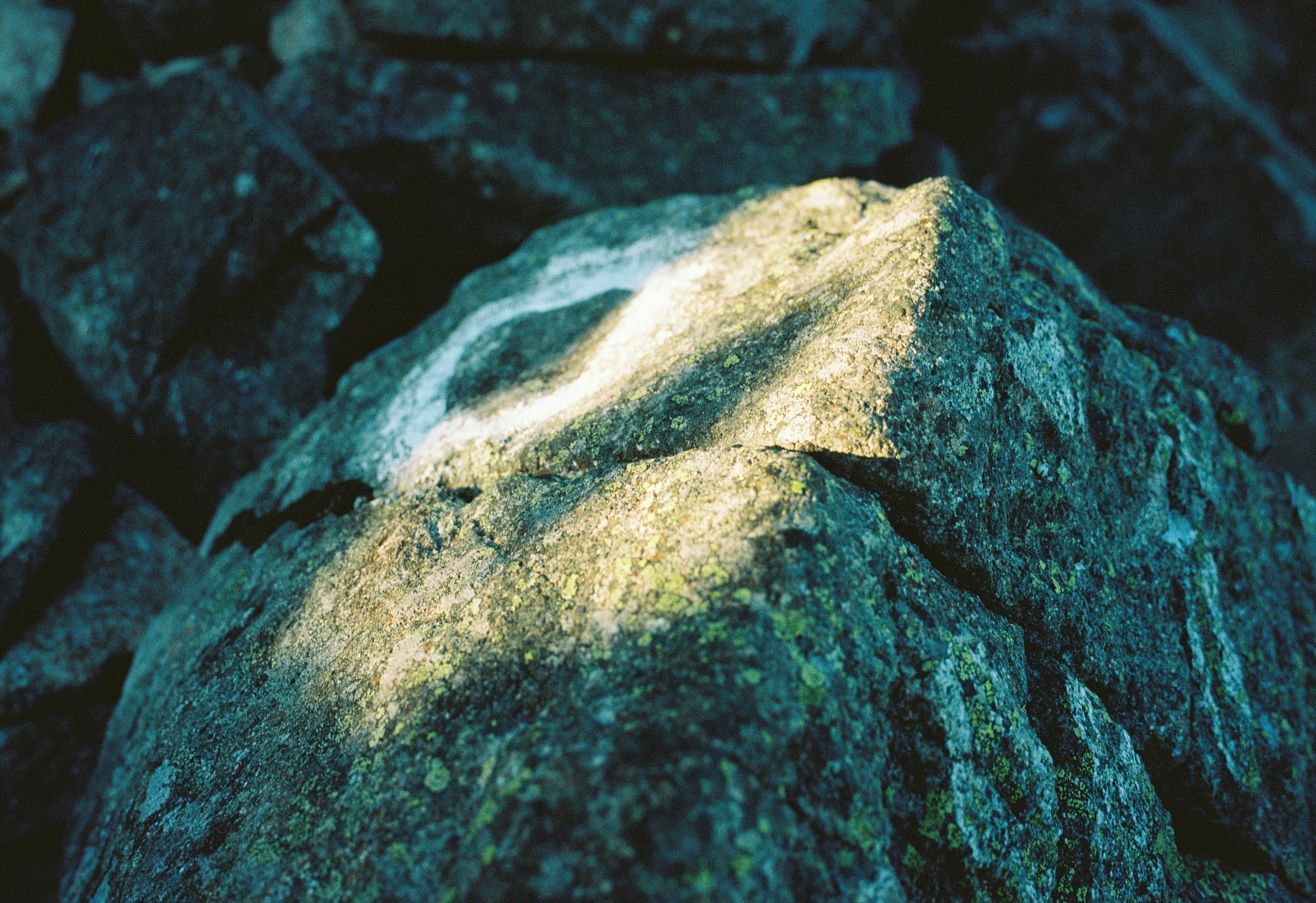 Primer plano de la superficie de una roca iluminada por la luz que muestra texturas únicas