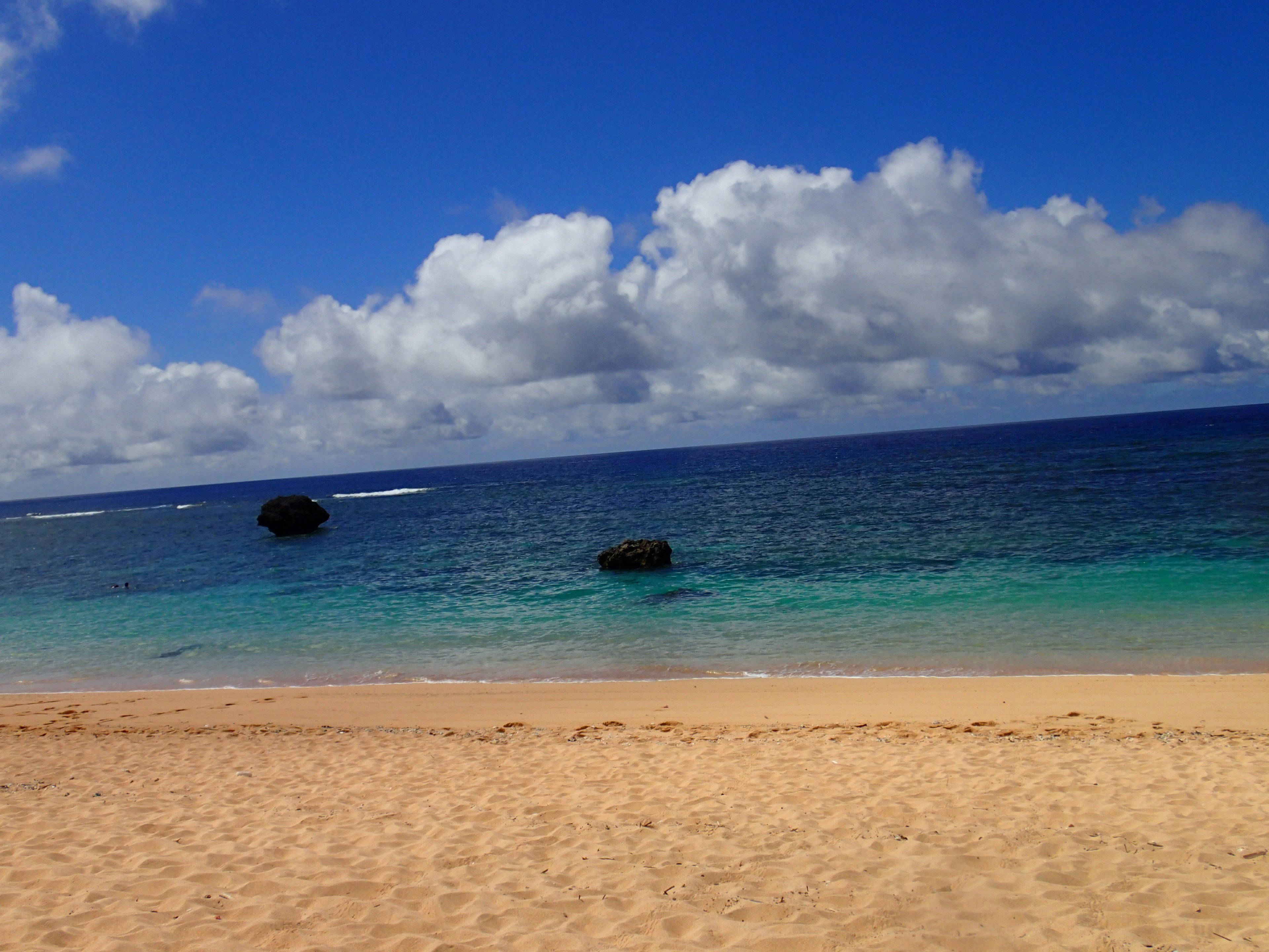 Beautiful beach scene with blue ocean and white clouds