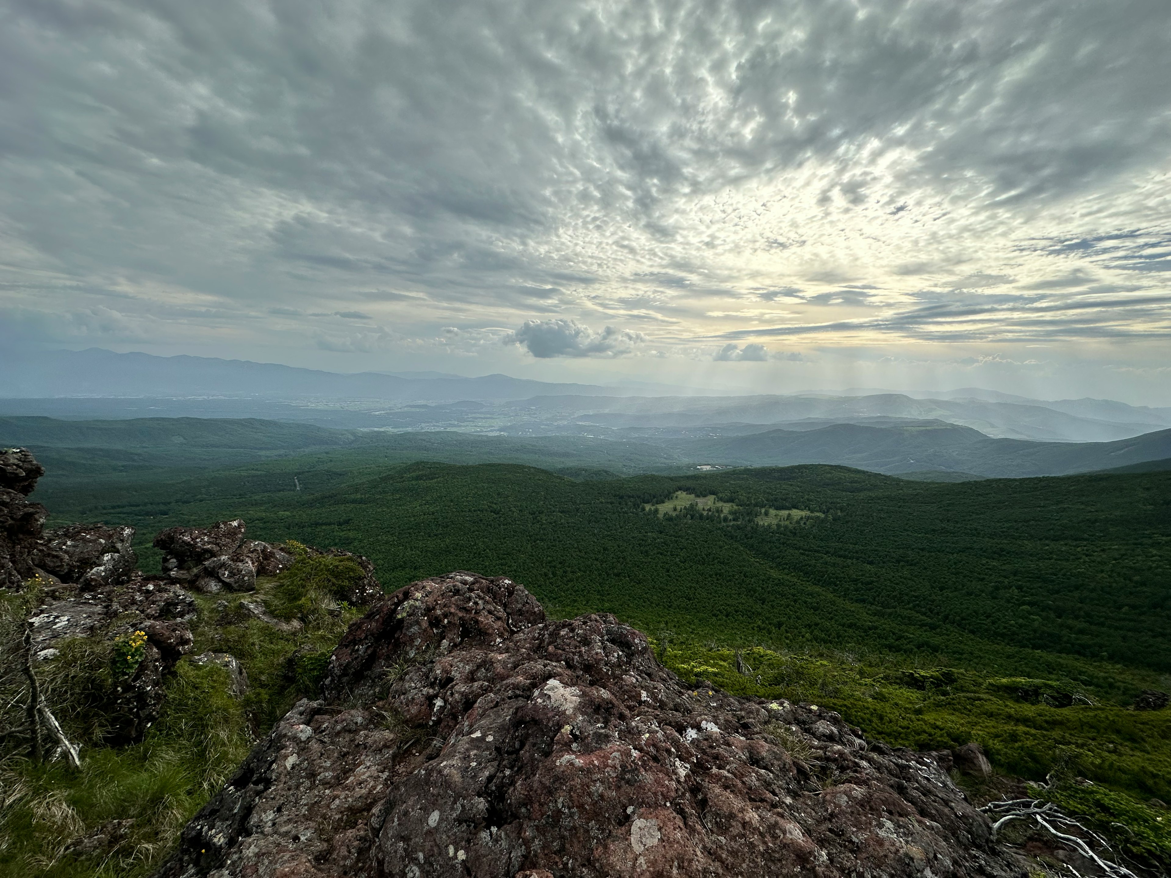 Pemandangan panorama dari puncak gunung dengan hutan hijau dan langit mendung