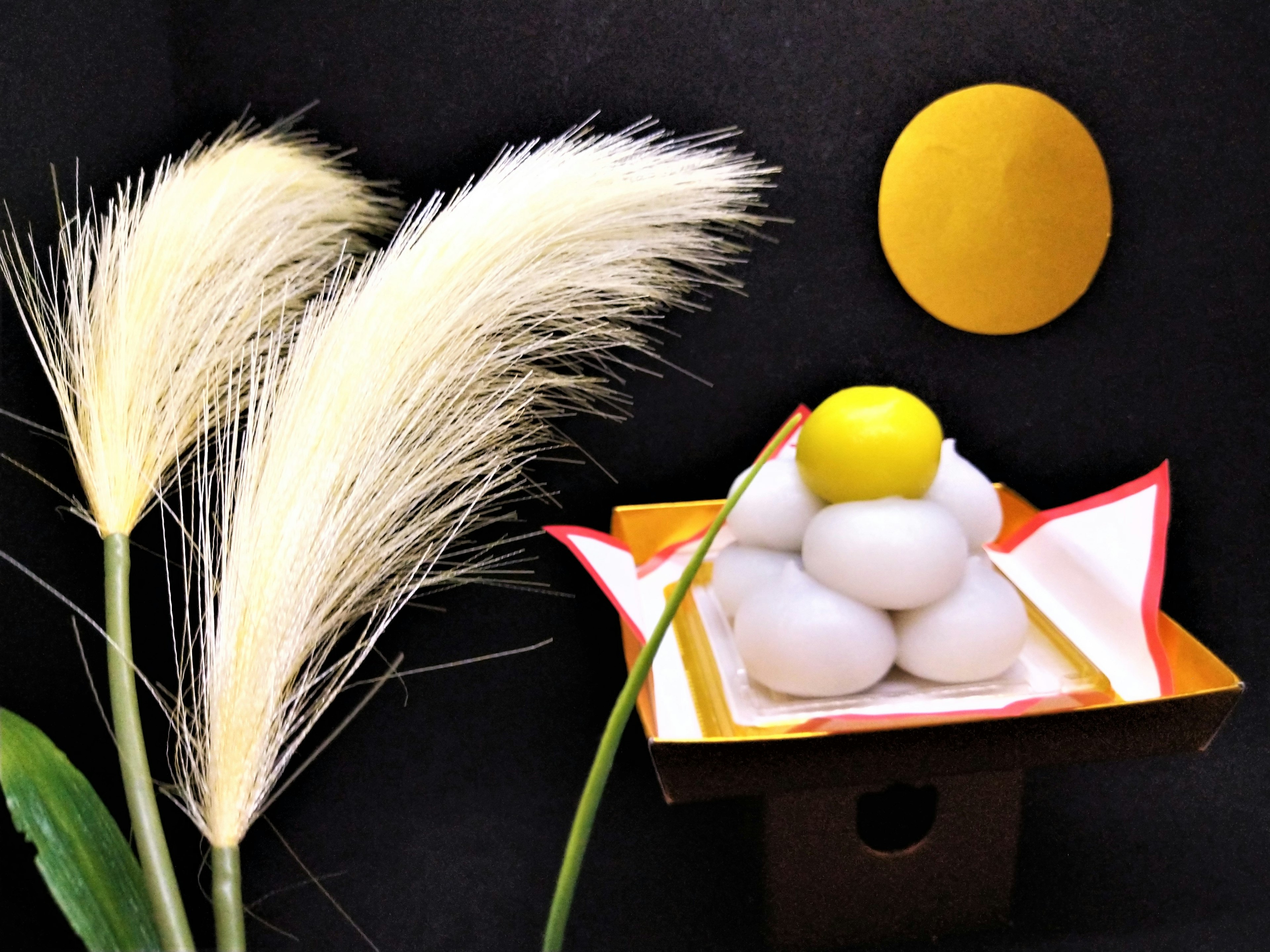 Presentación tradicional de dulces japoneses con pasteles de arroz blancos y un fruto yuzu amarillo acompañados de un círculo dorado y hierba elegante