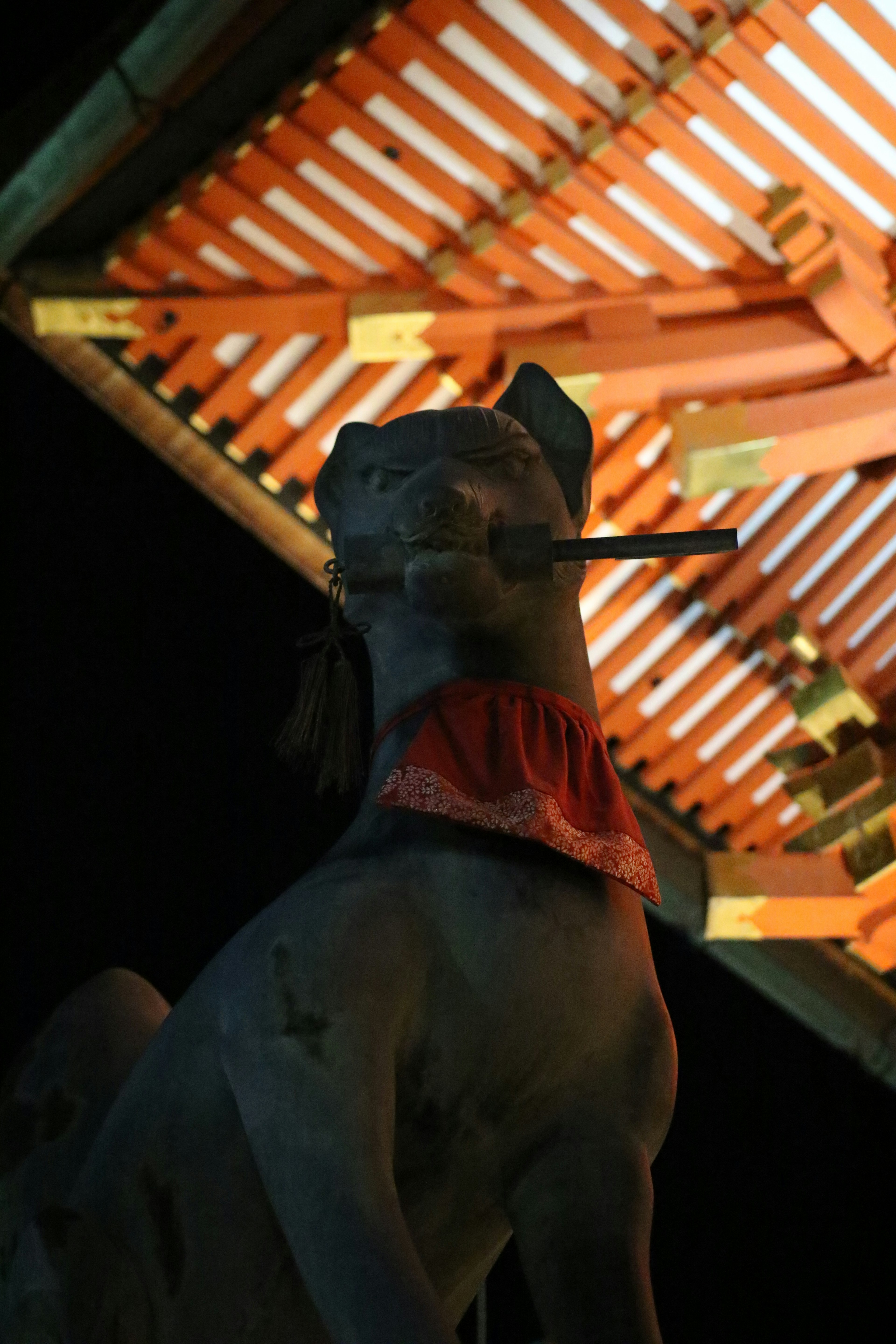 Statue d'un chien la nuit portant un foulard rouge