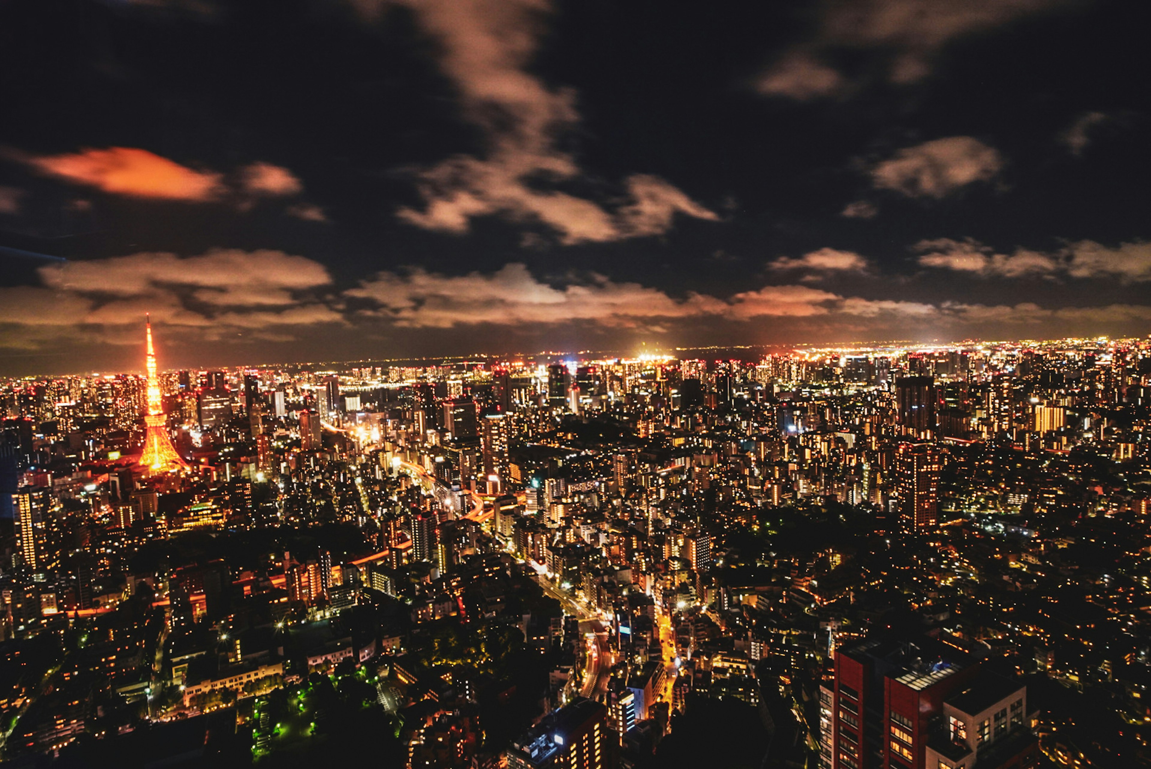 夜の東京の美しい夜景 高層ビルと東京タワーが輝いている