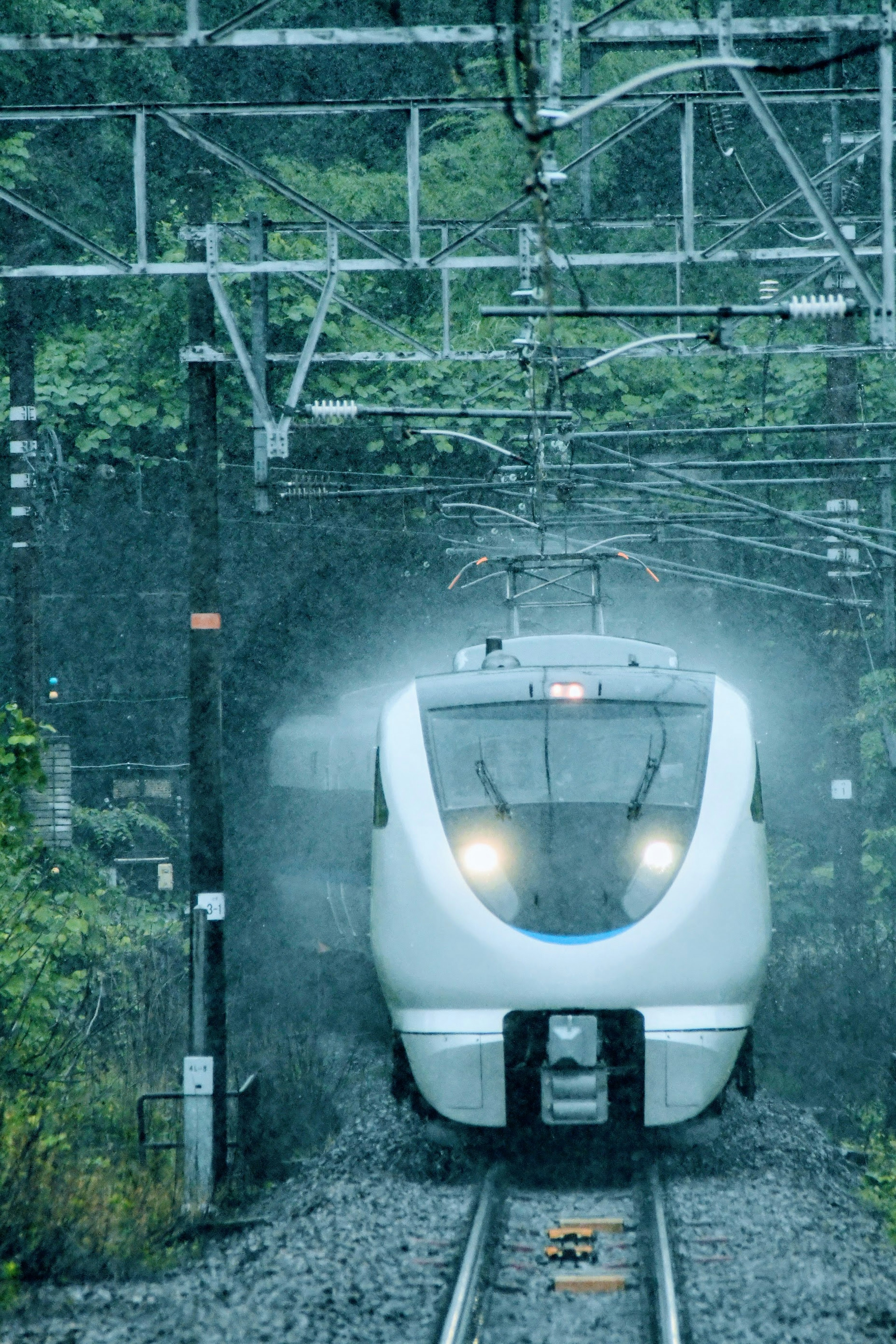 A white high-speed train emerging from a tunnel in the rain