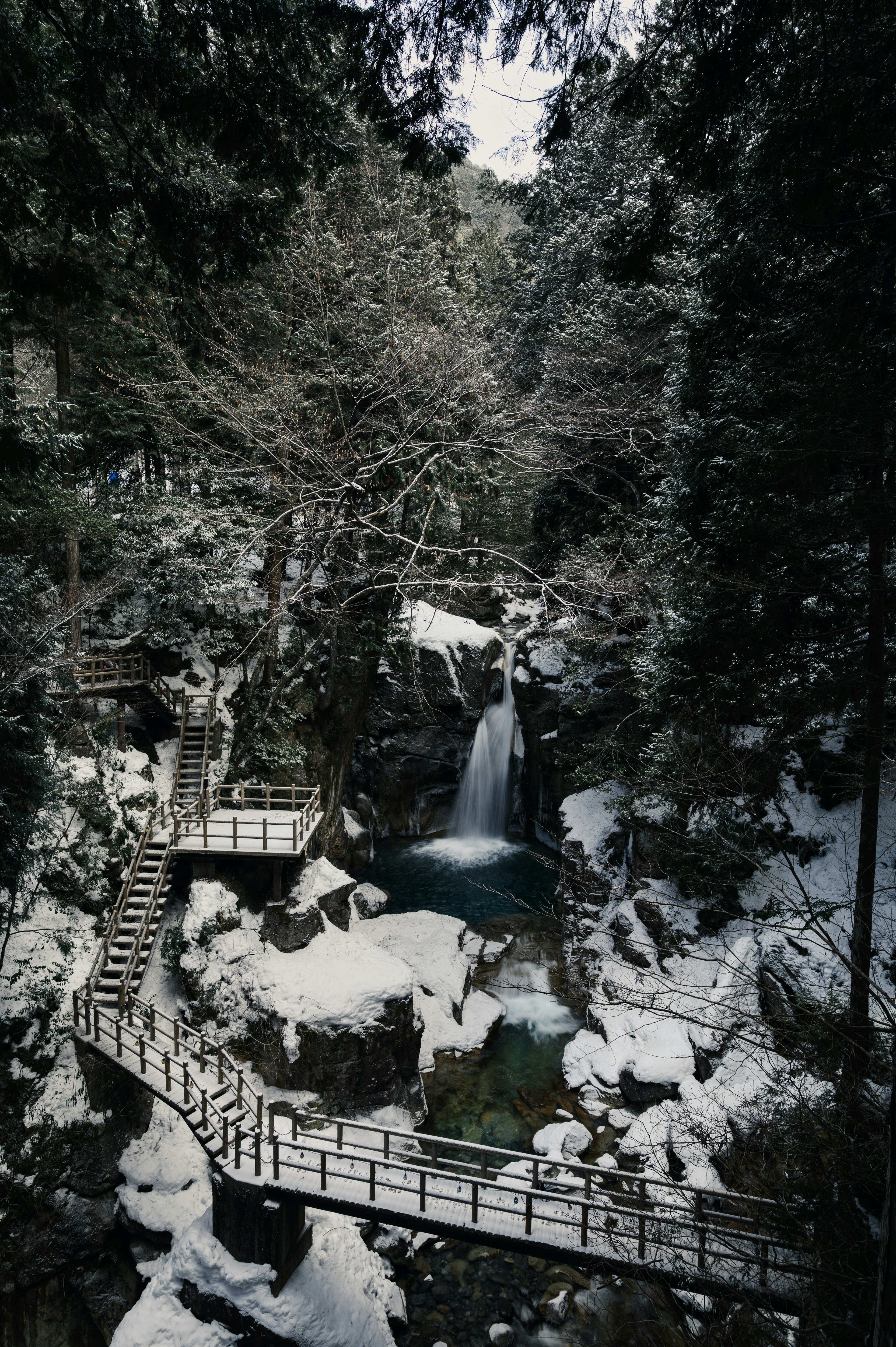 Escaliers en bois dans un paysage enneigé avec une cascade et des arbres