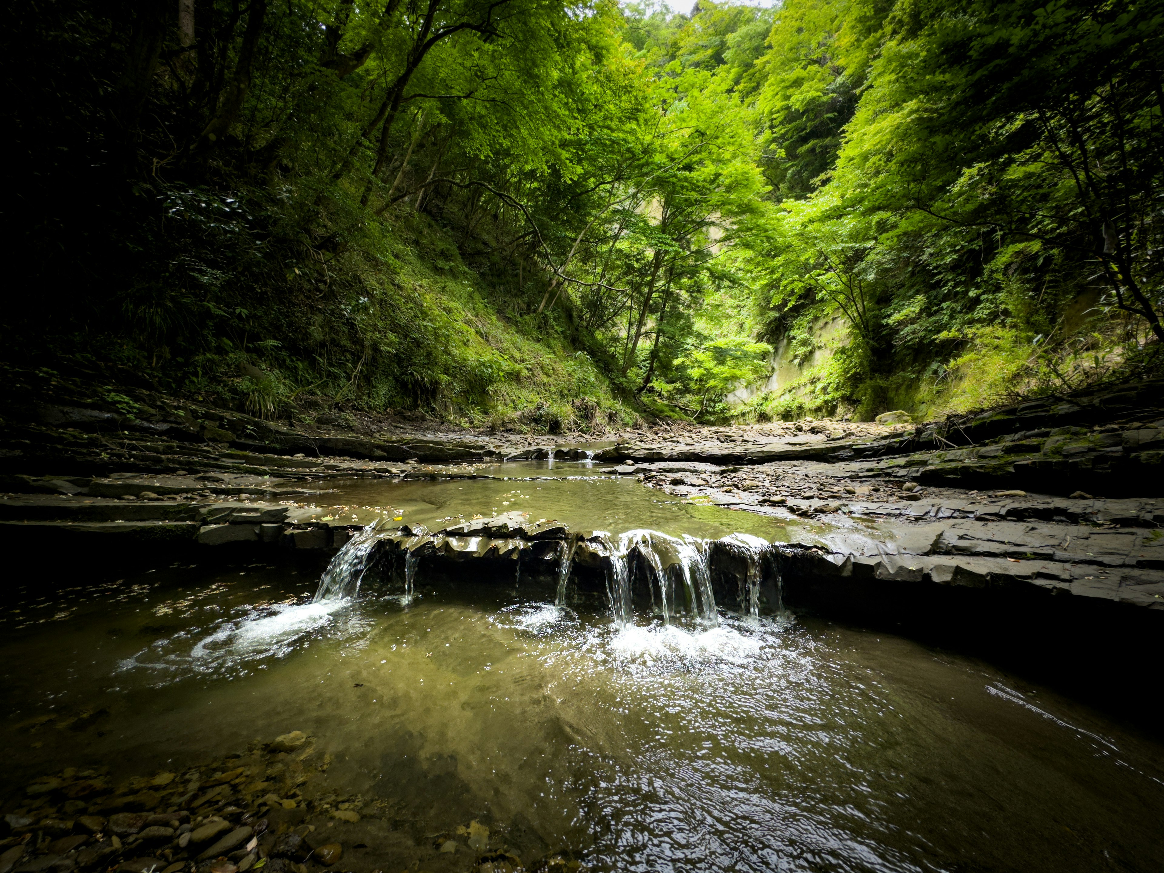 Small waterfall flowing in a lush green valley with calm water surface