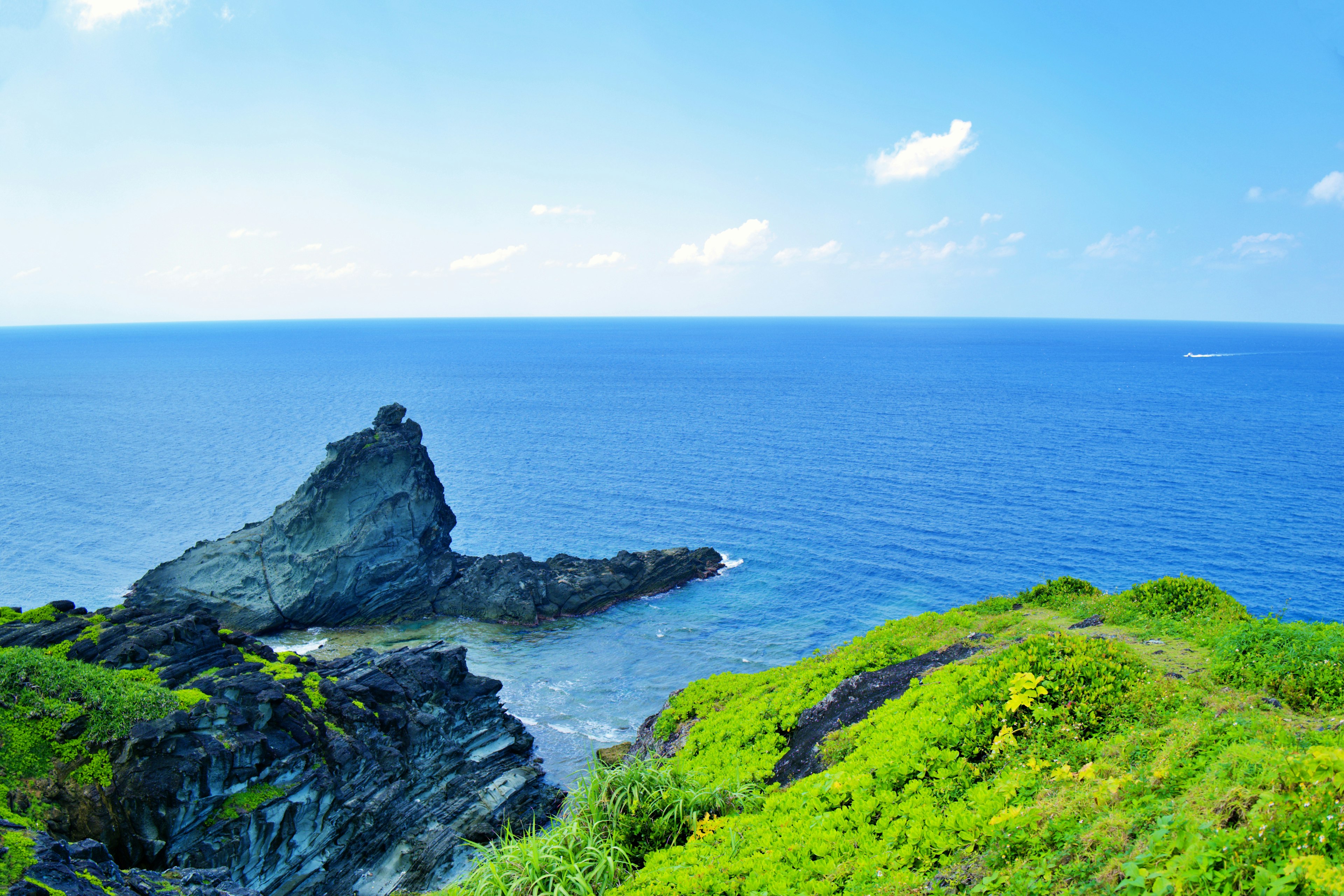 Vista panoramica dell'oceano blu e del paesaggio verde con una formazione rocciosa che si estende nel mare