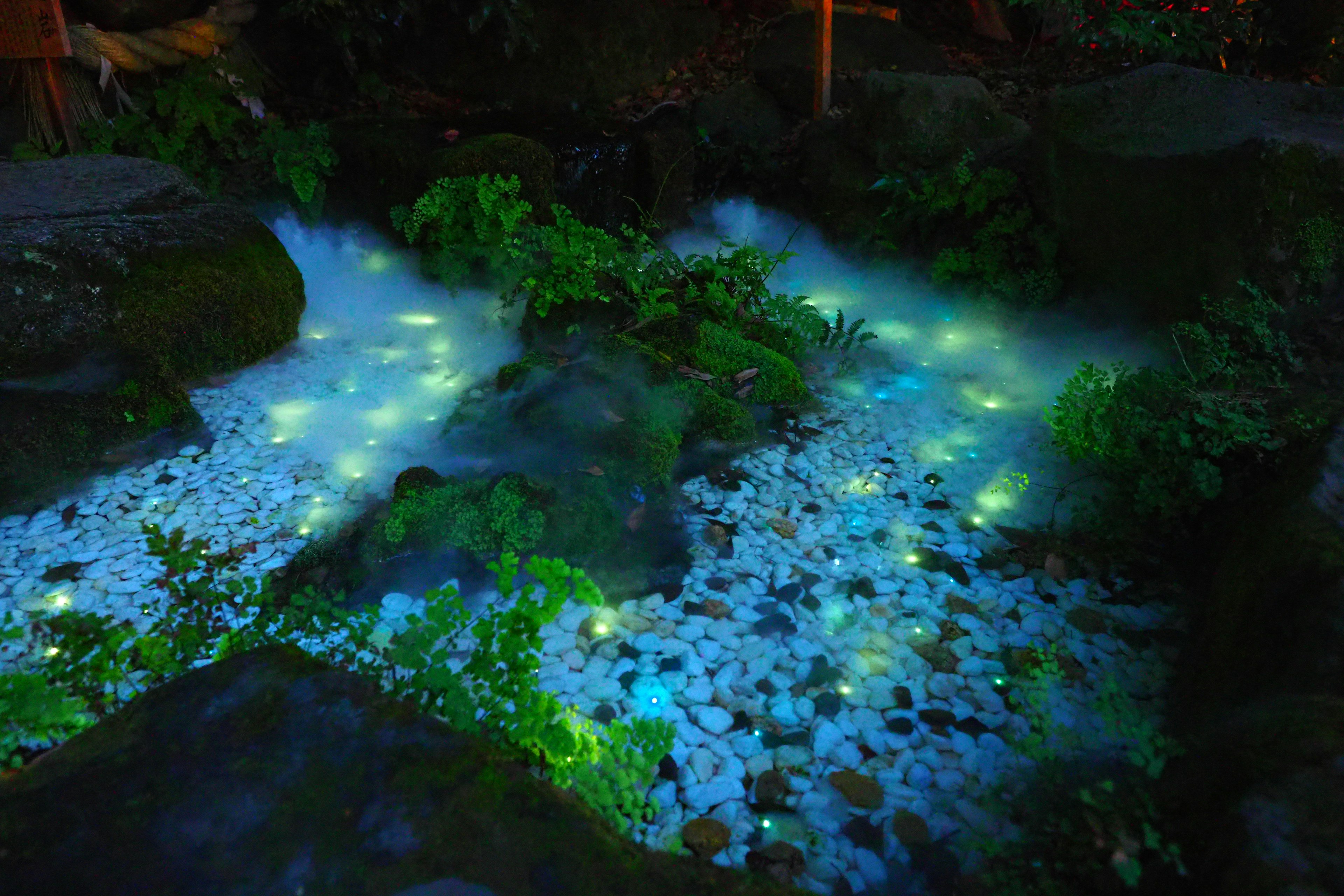 Un ruisseau avec des lumières bleues brillantes entouré de pierres et de plantes vertes