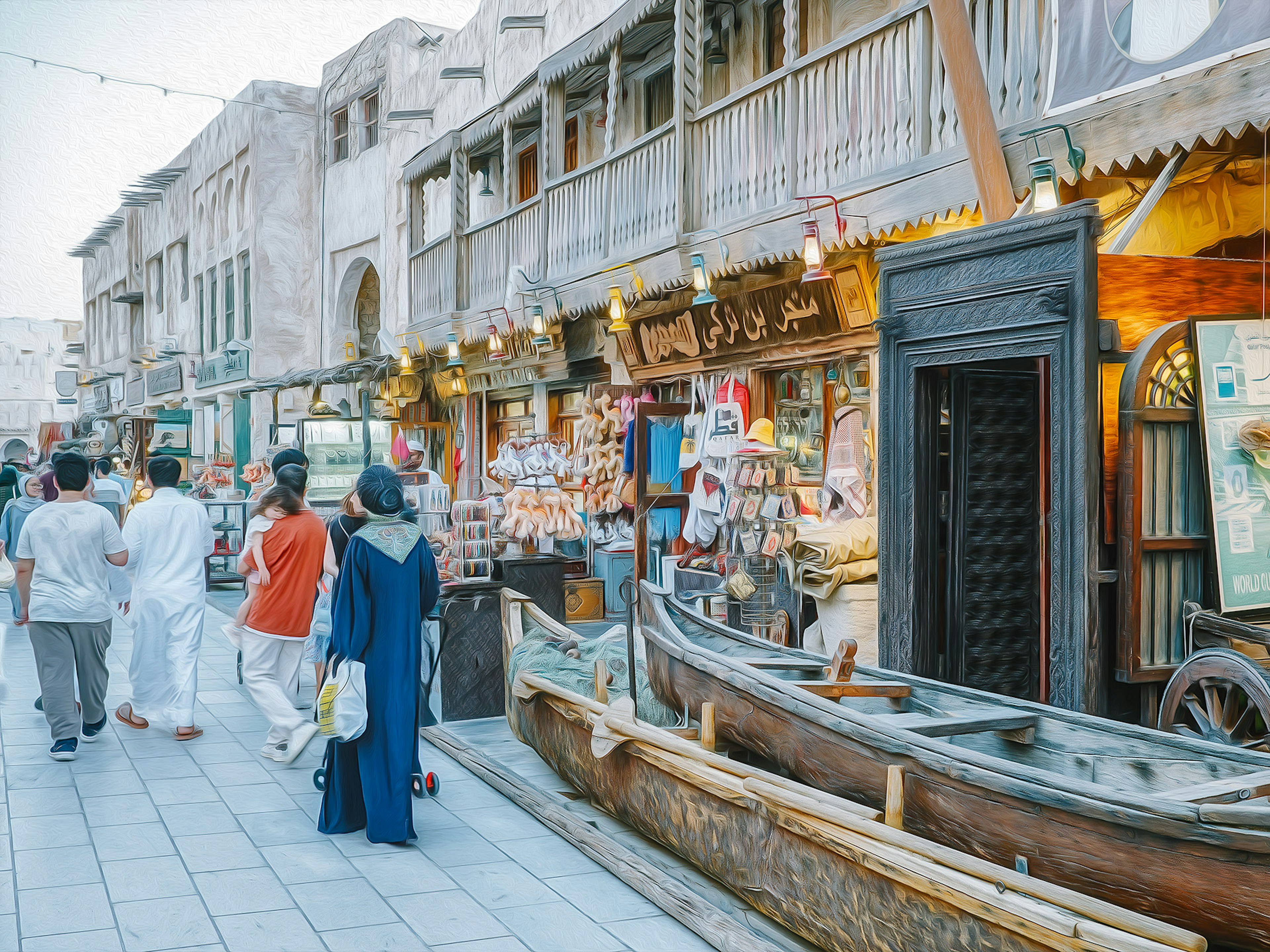 People walking along a traditional market street with an old boat